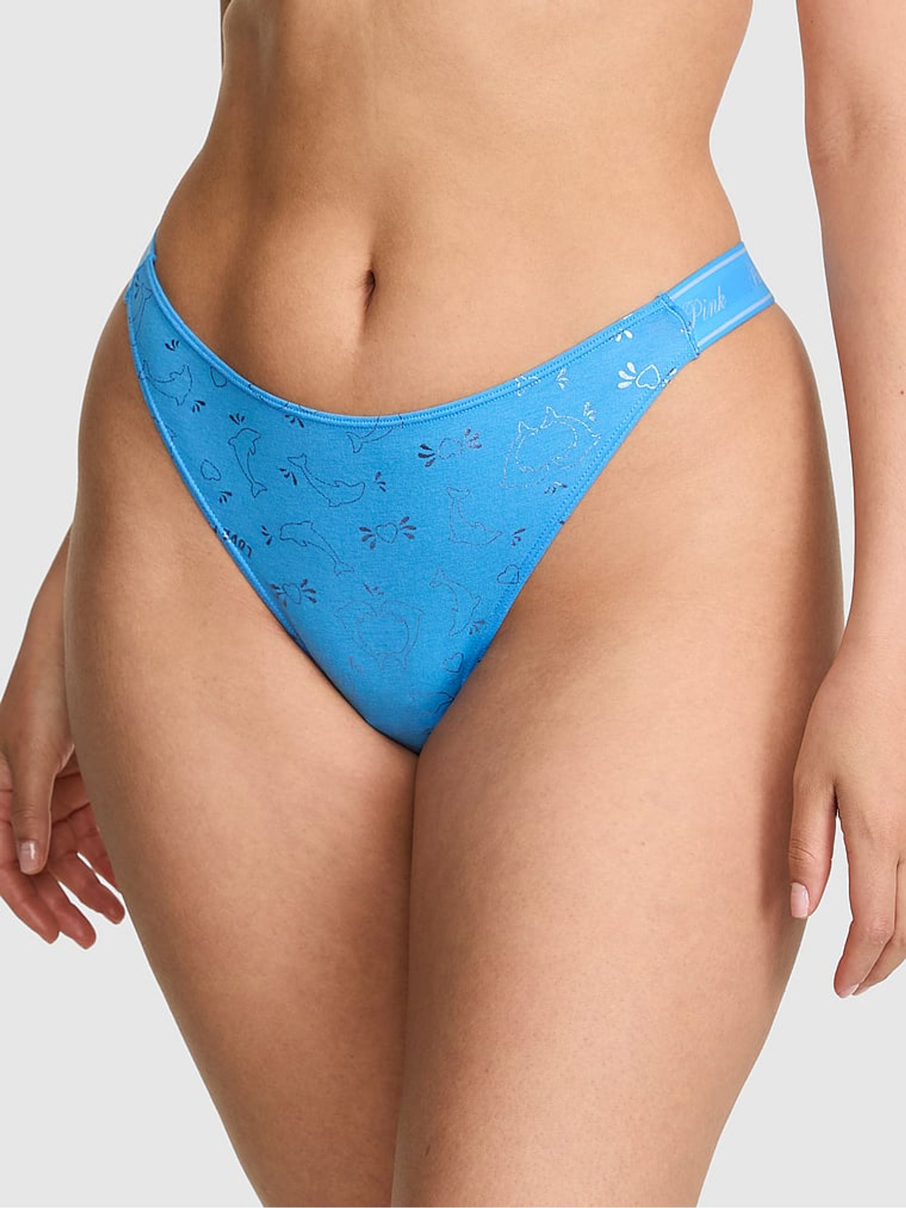 Blue Dolphin Print Thong Cotton Logo Knickers - Image 1 of 2