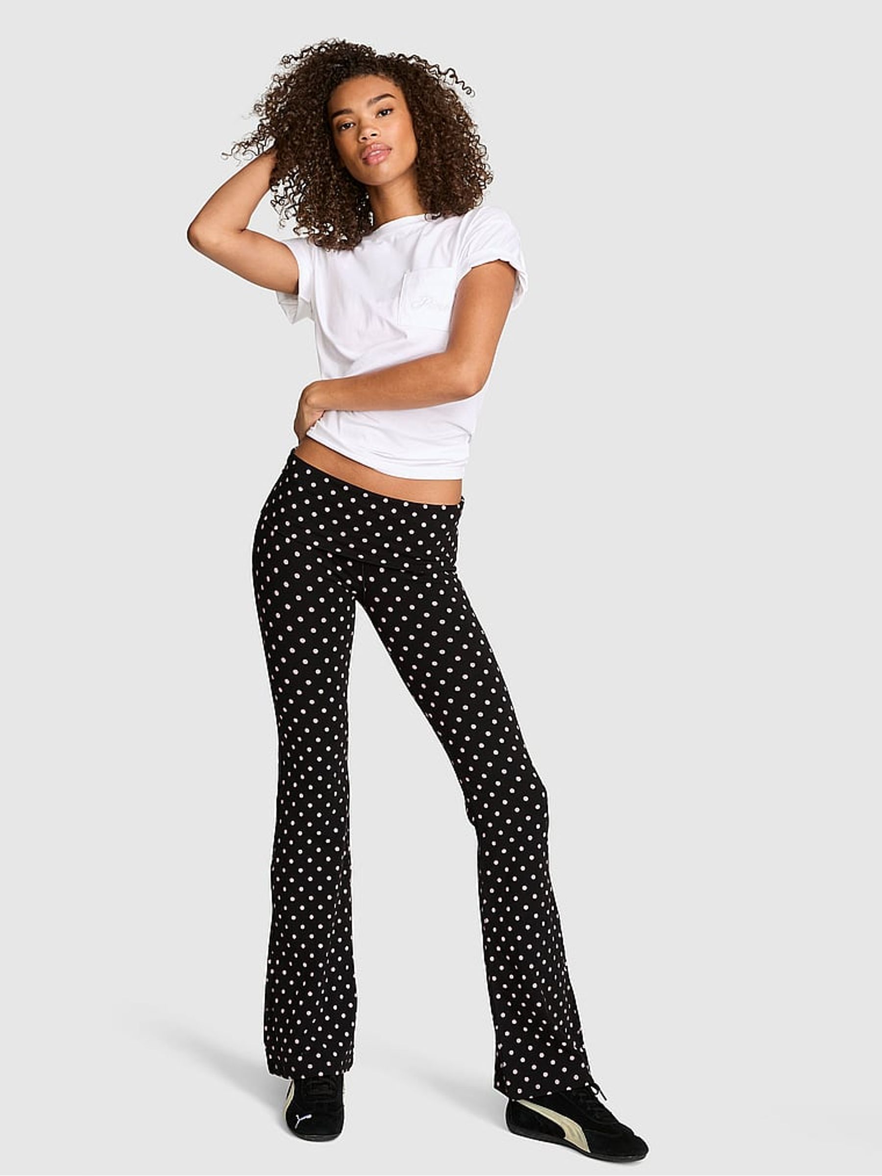 Black Pink Polka Dot Foldover Leggings - Image 1 of 3