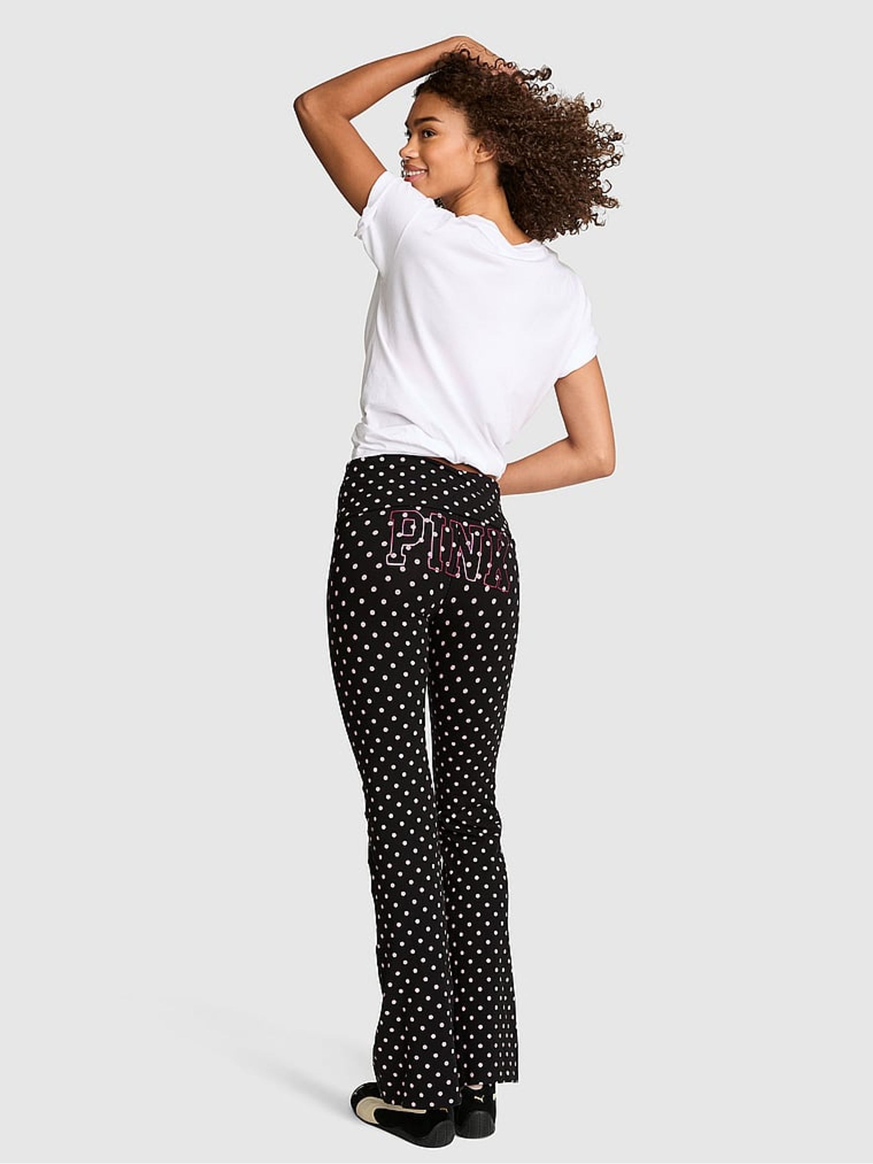 Black Pink Polka Dot Foldover Leggings - Image 2 of 3