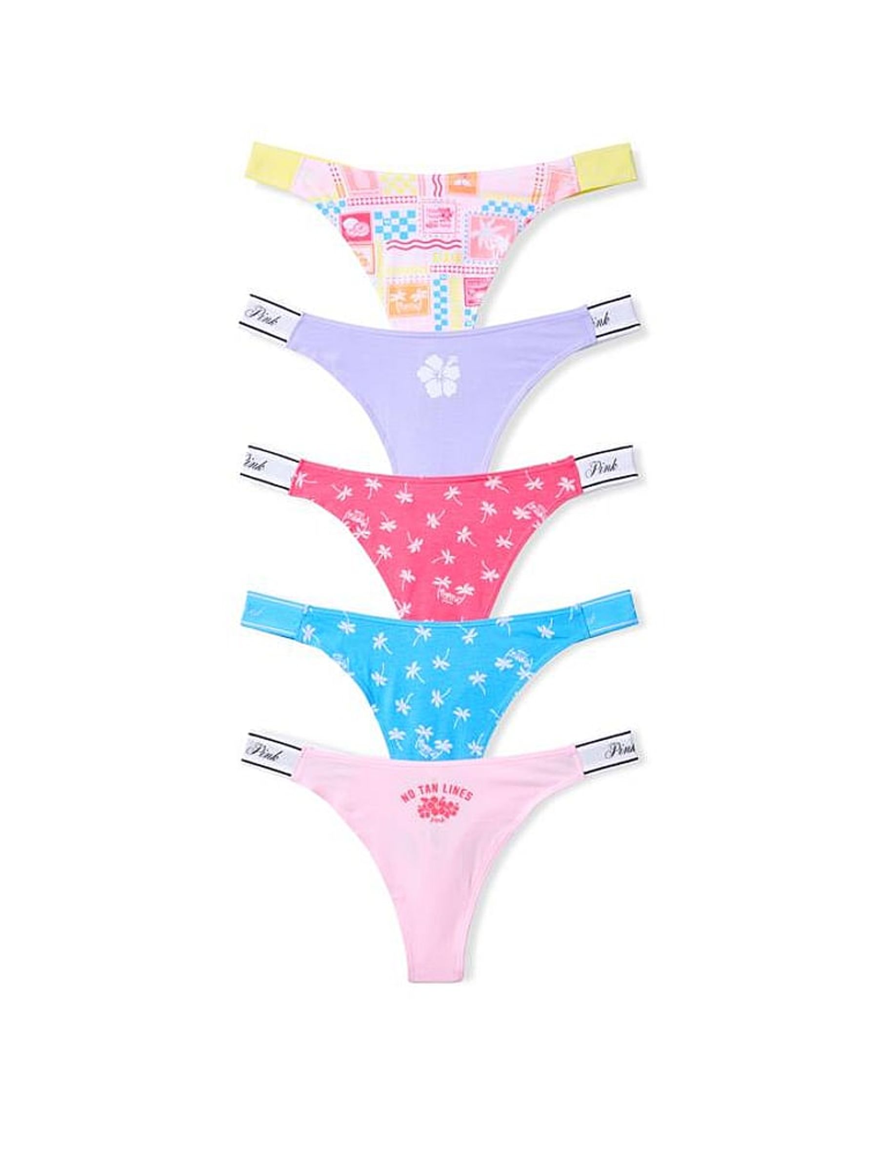 Pink/Purple/Blue Summer Print Thong 5 Pack Logo Knickers - Image 1 of 1