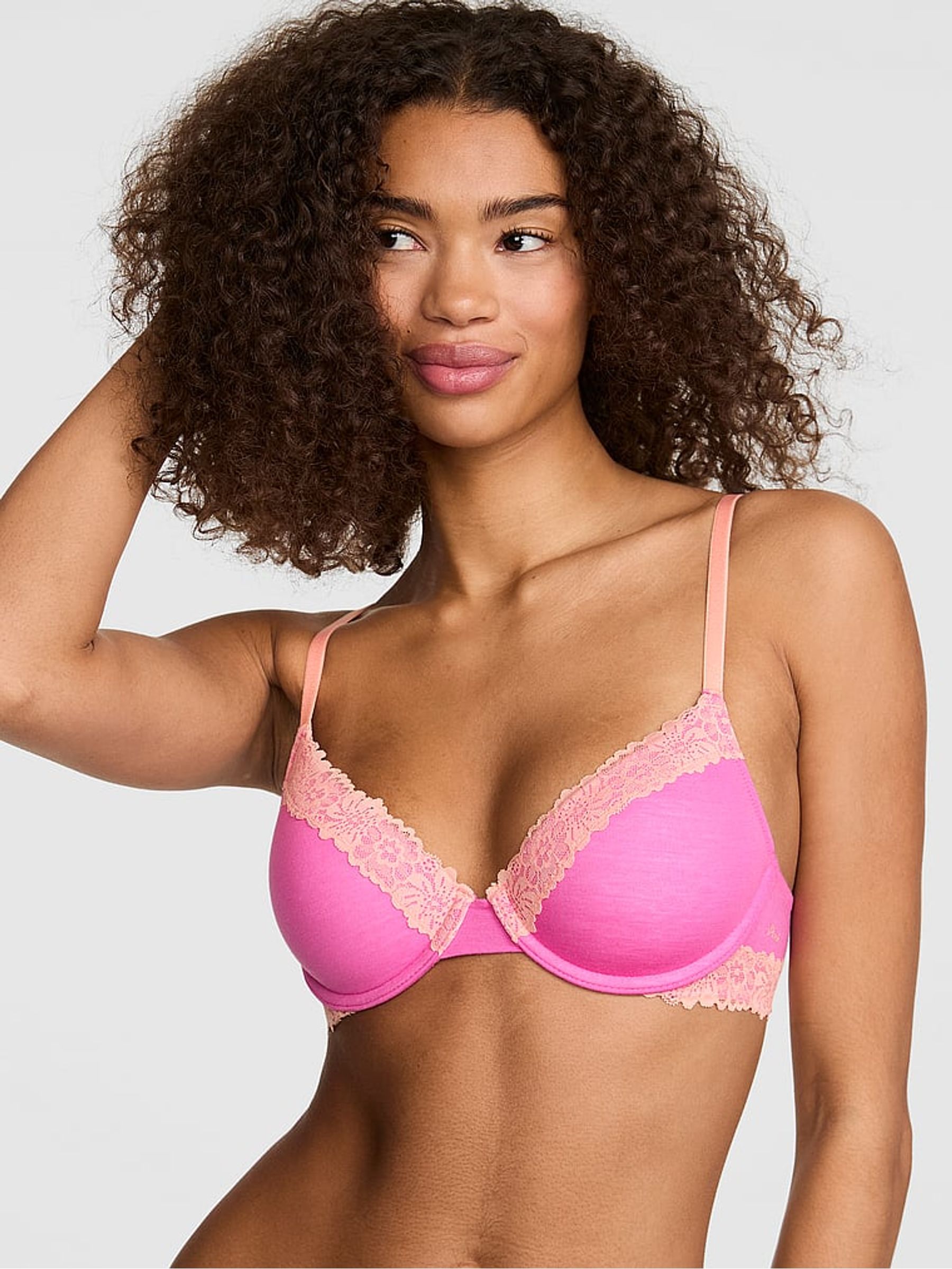 Sizzling Strawberry Pink Lightly Lined Cotton Heather Lace Trim Bra - Image 1 of 2