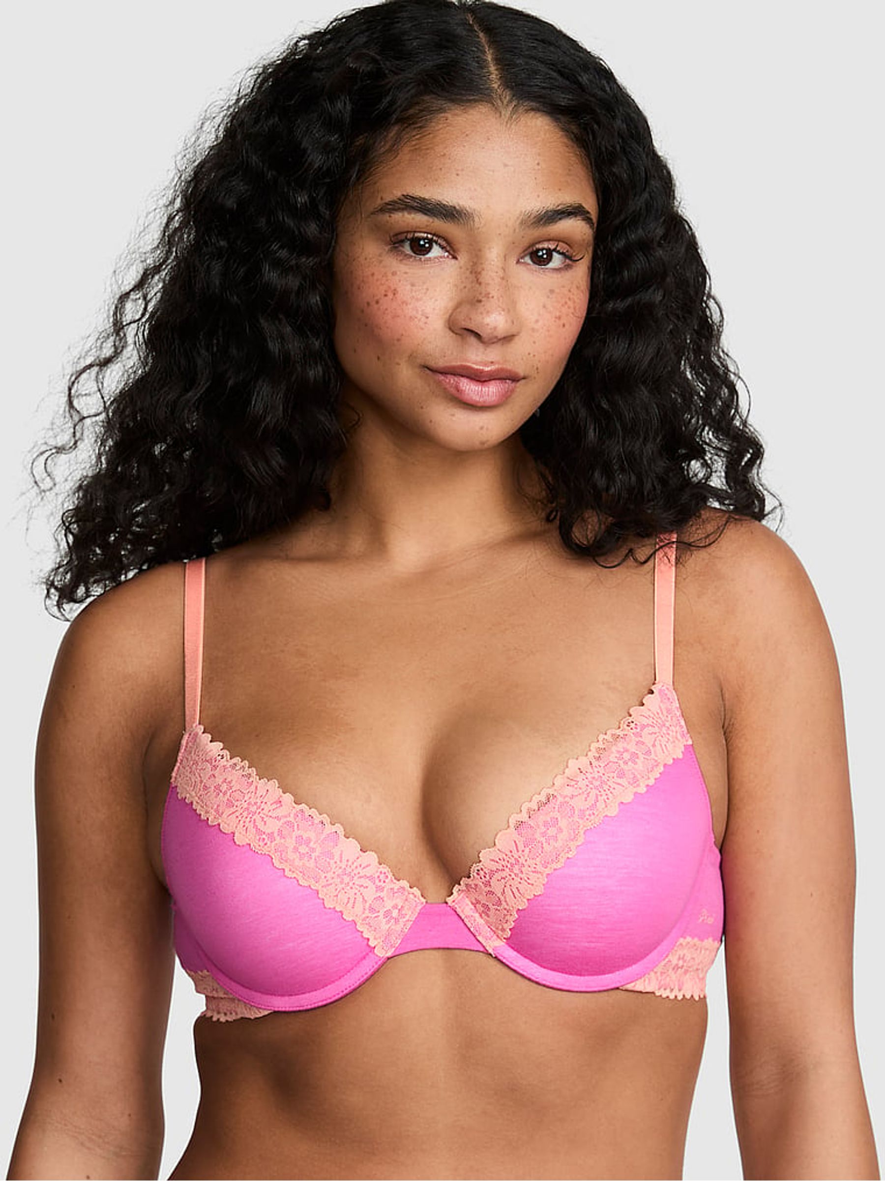 Sizzling Strawberry Pink Push Up Cotton Heather Lace Trim Bra - Image 1 of 2