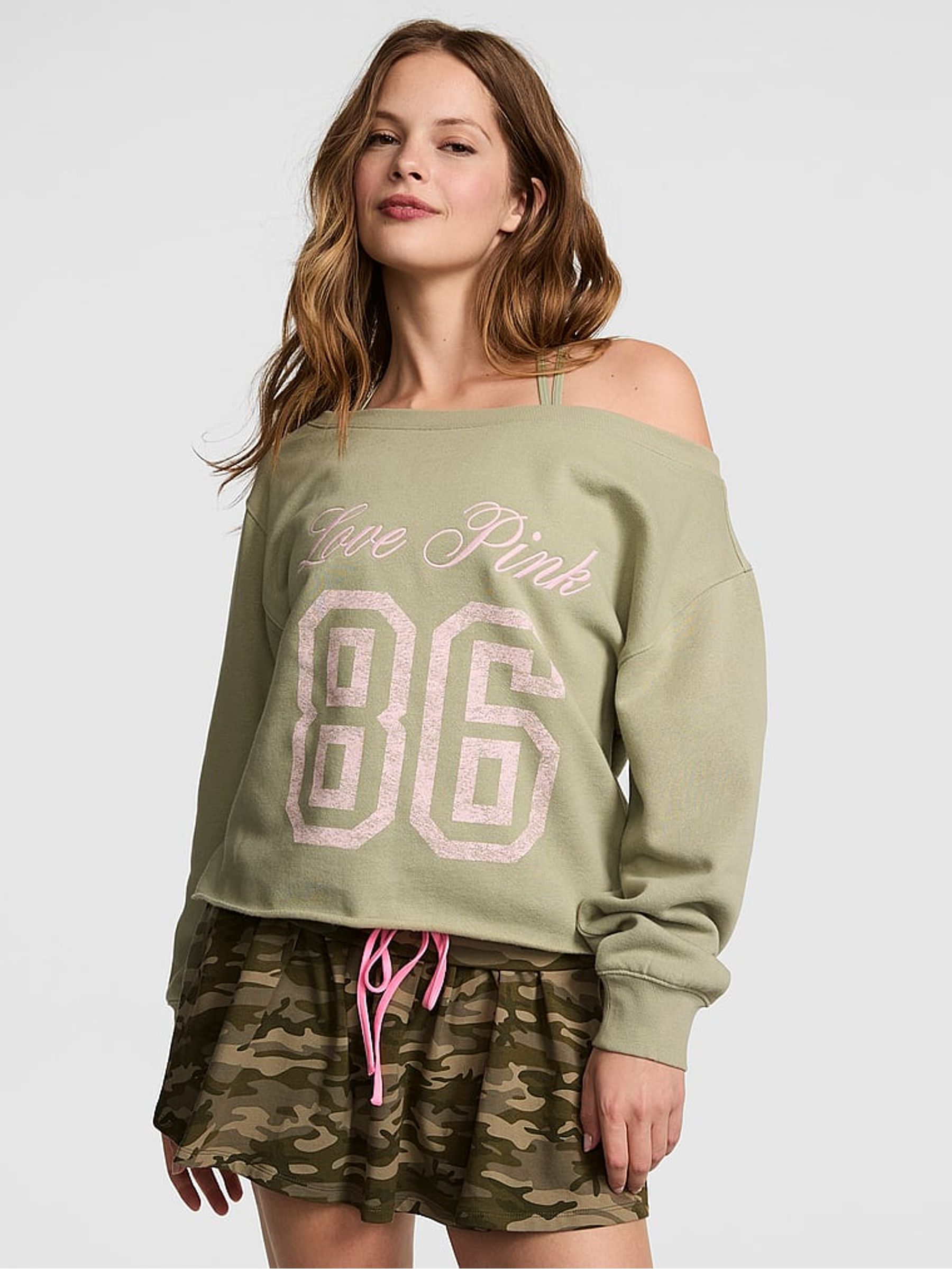Slate Green Off The Shoulder Fleece Sweatshirt - Image 1 of 2