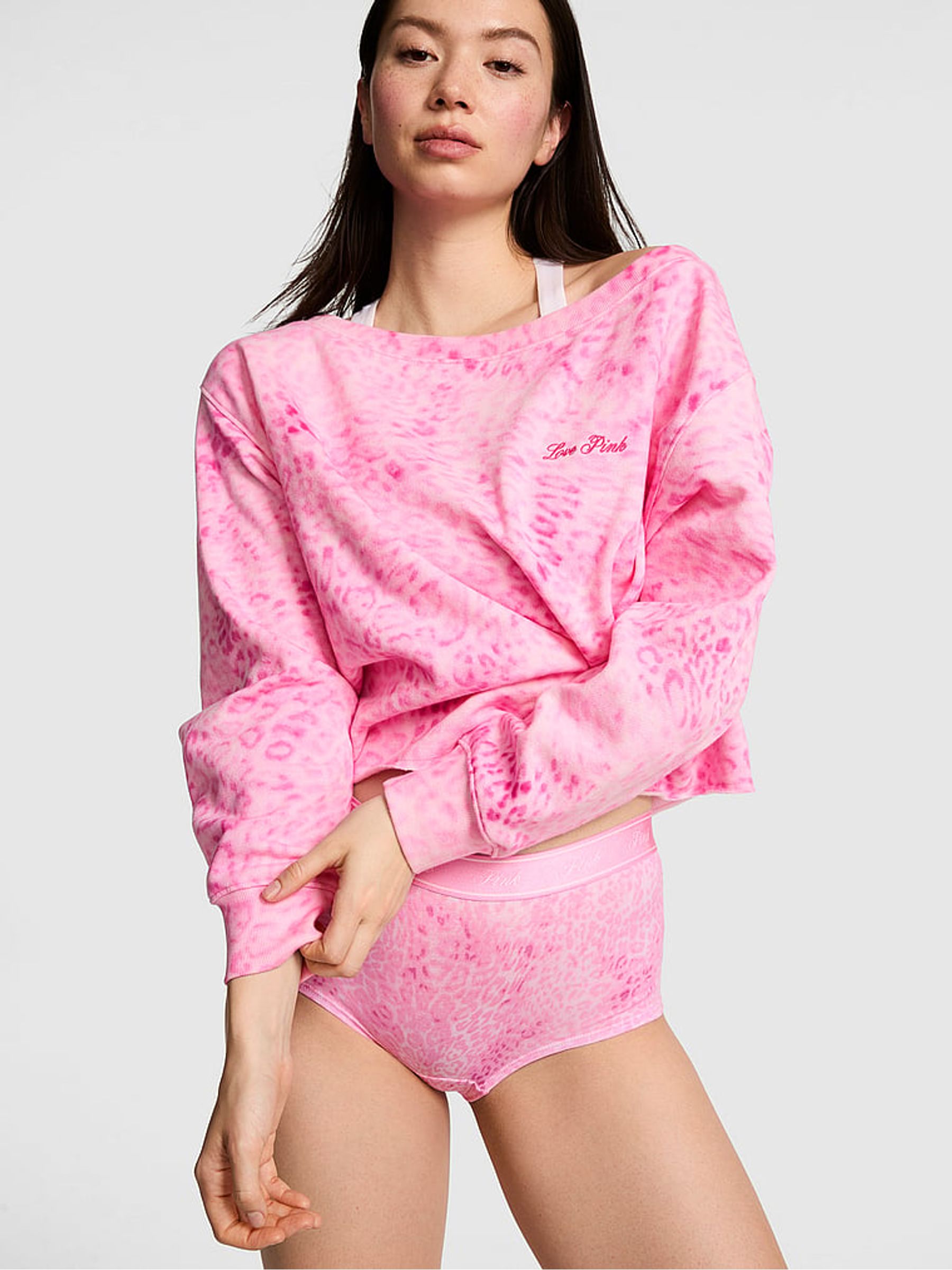 Coconut Pink Leopard Print Off The Shoulder Fleece Sweatshirt - Image 2 of 3