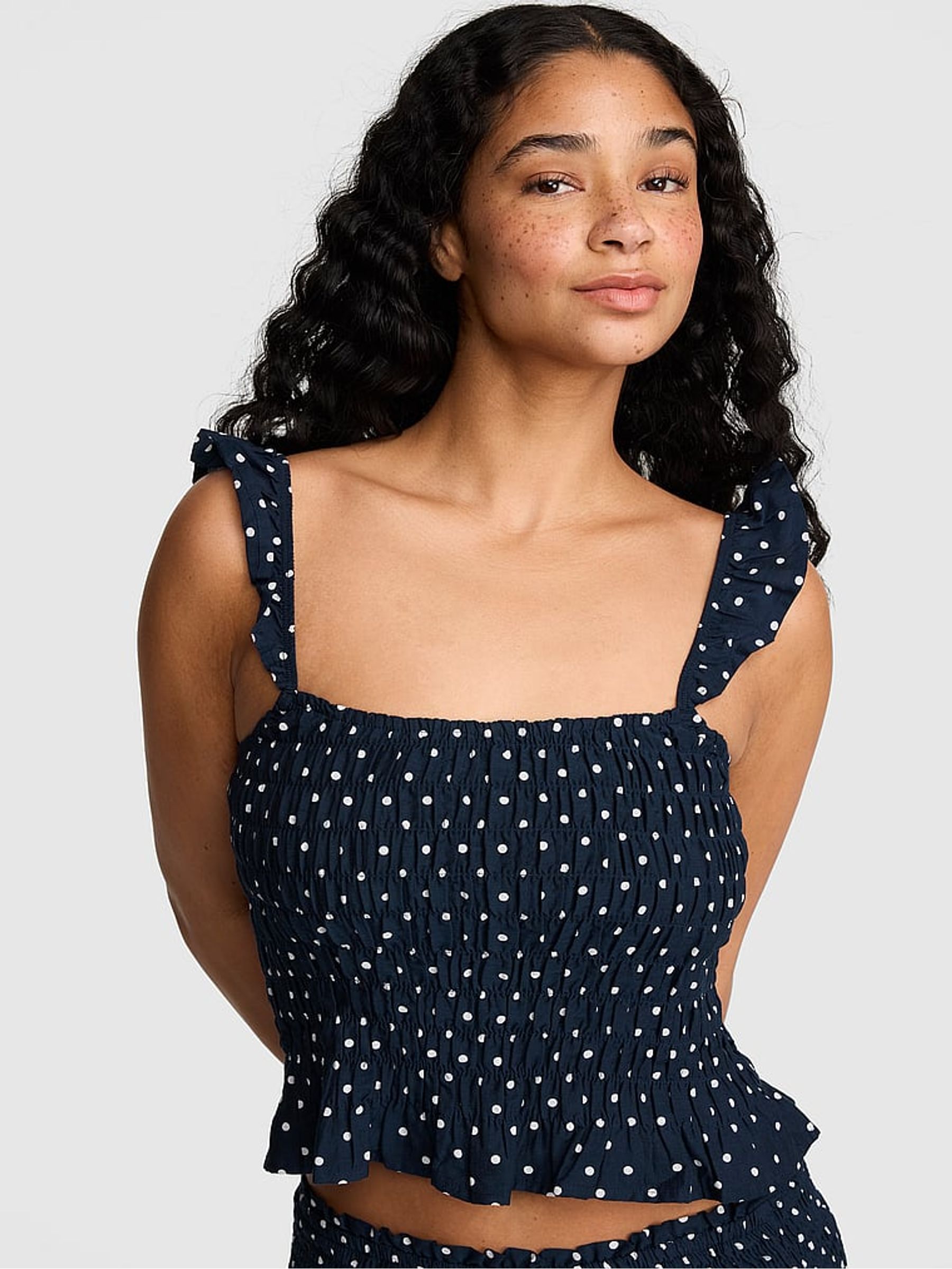 Noir Navy Blue Polka Dot Smocked Ruffle Top - Image 1 of 2