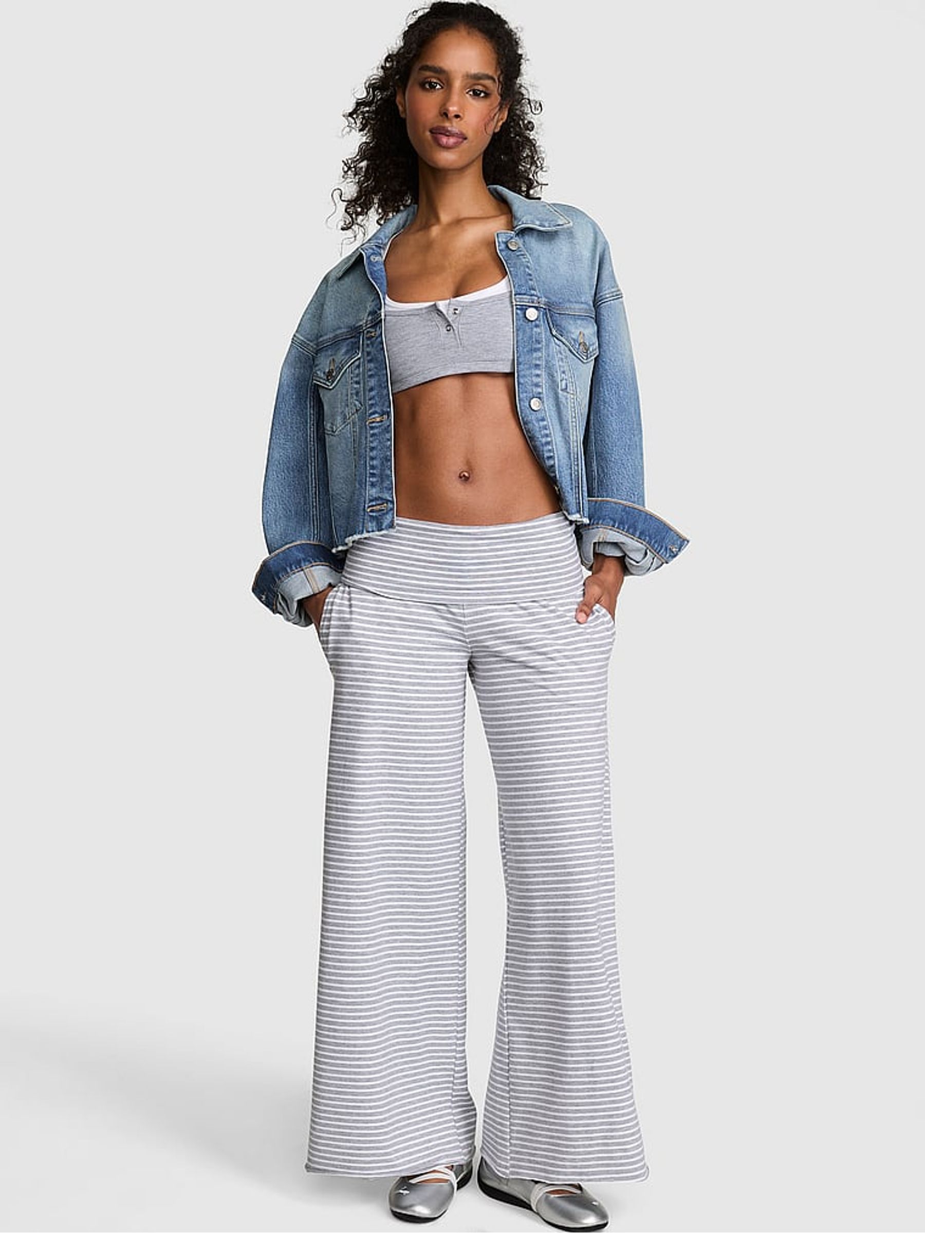 Grey Stripe Foldover Wide leg Trousers - Image 1 of 2