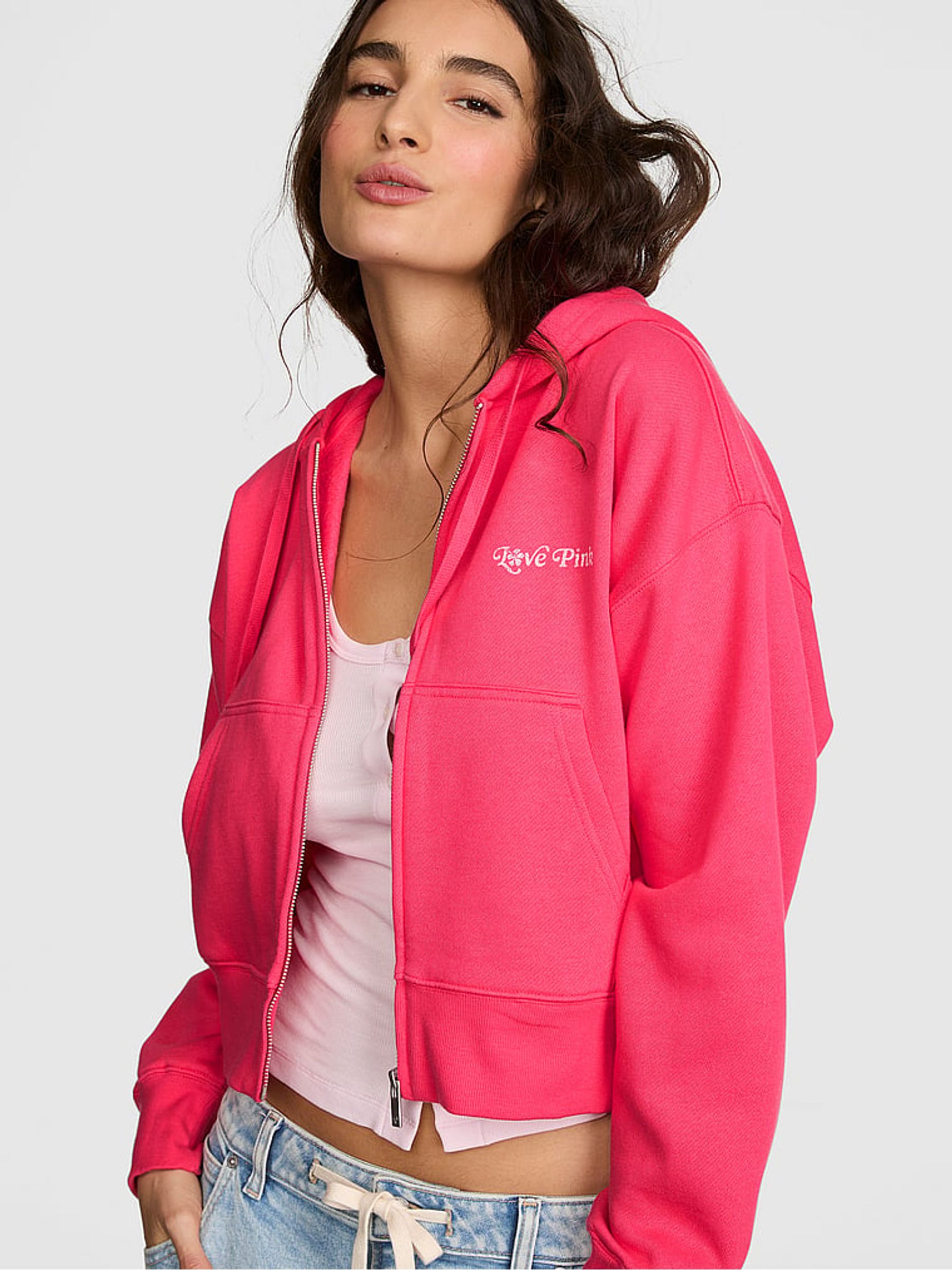 Candy Pink Cropped Full Zip Hoodie - Image 1 of 2