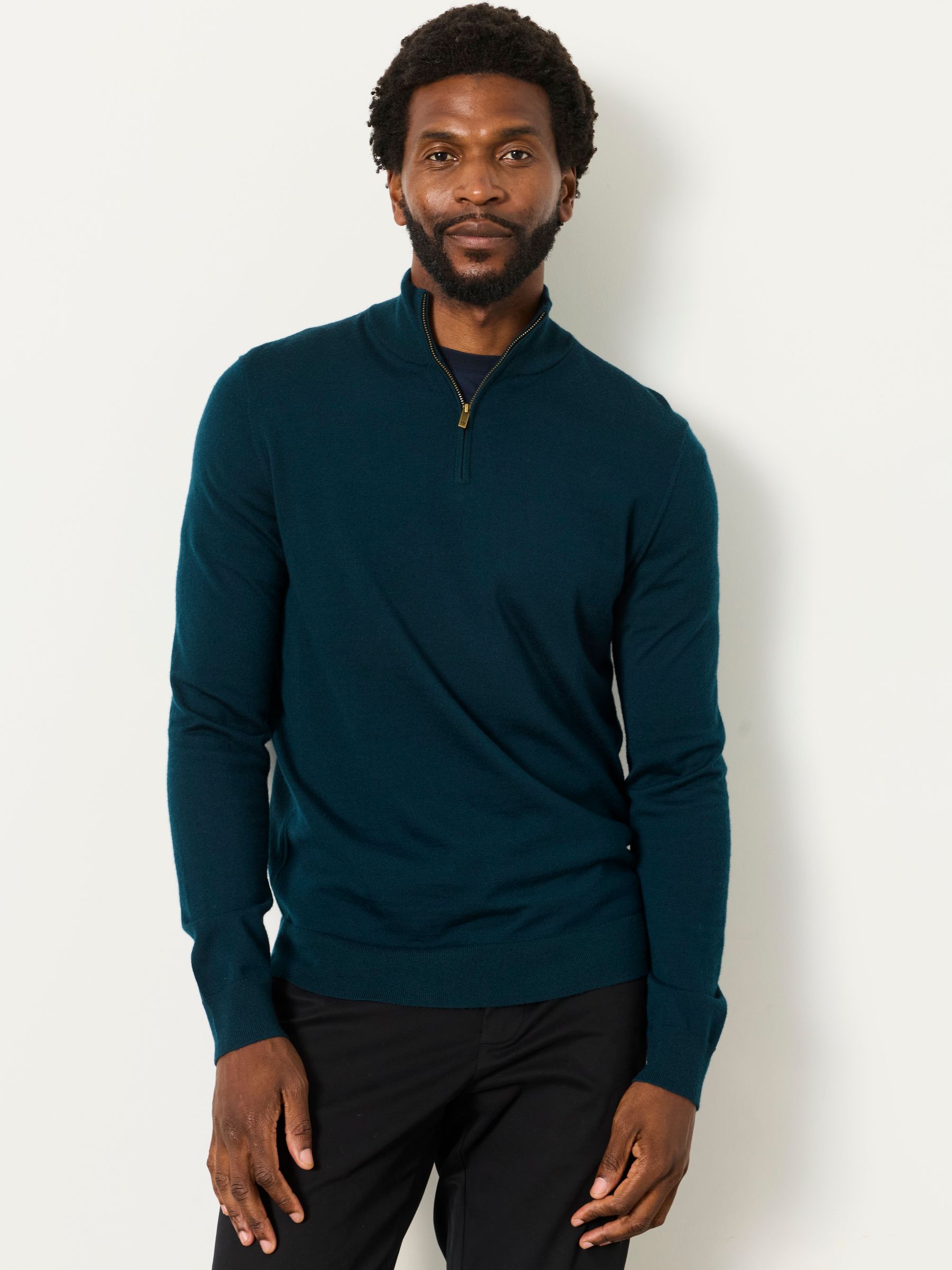 Malton Dark Green 100% Merino Wool Quarter Zip Knitted Jumper - Image 1 of 5
