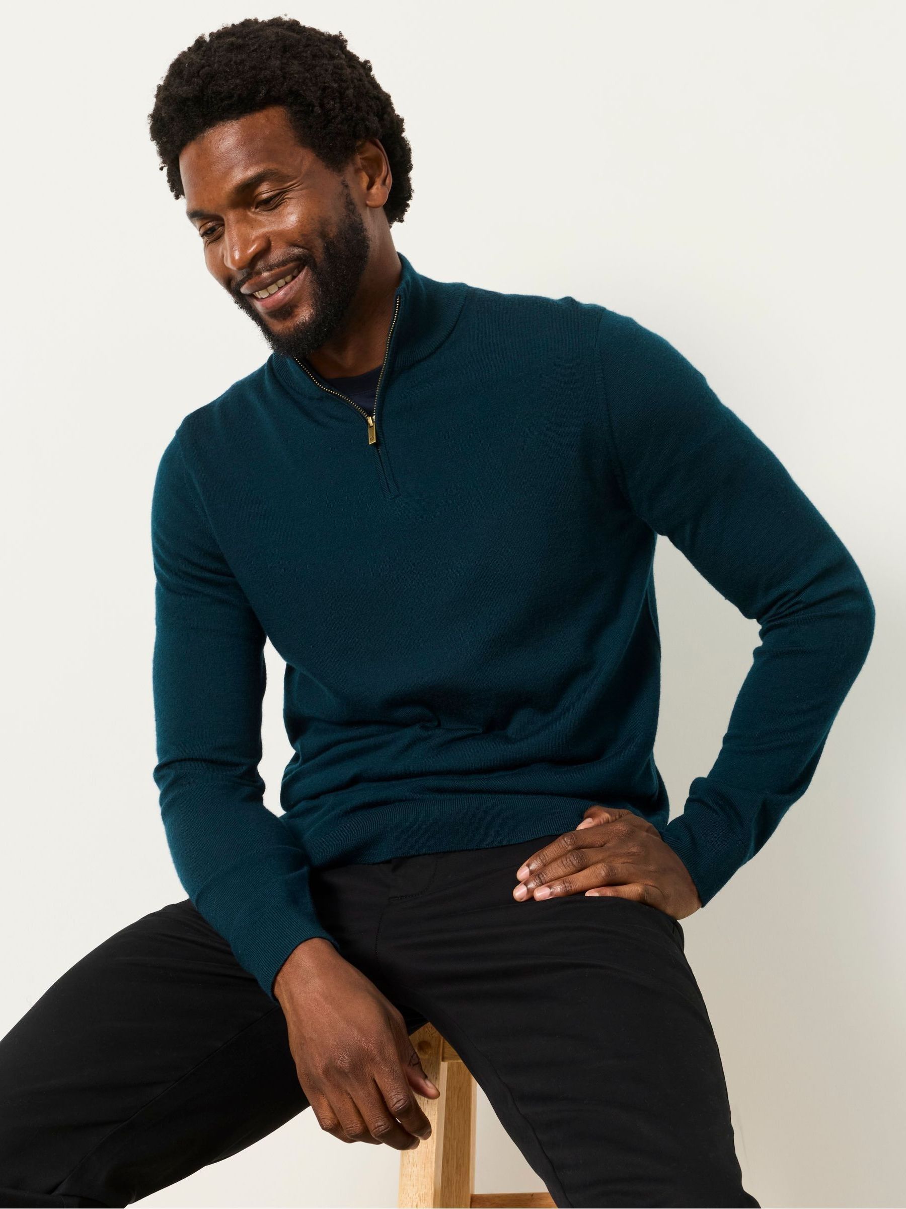 Malton Dark Green 100% Merino Wool Quarter Zip Knitted Jumper - Image 3 of 5