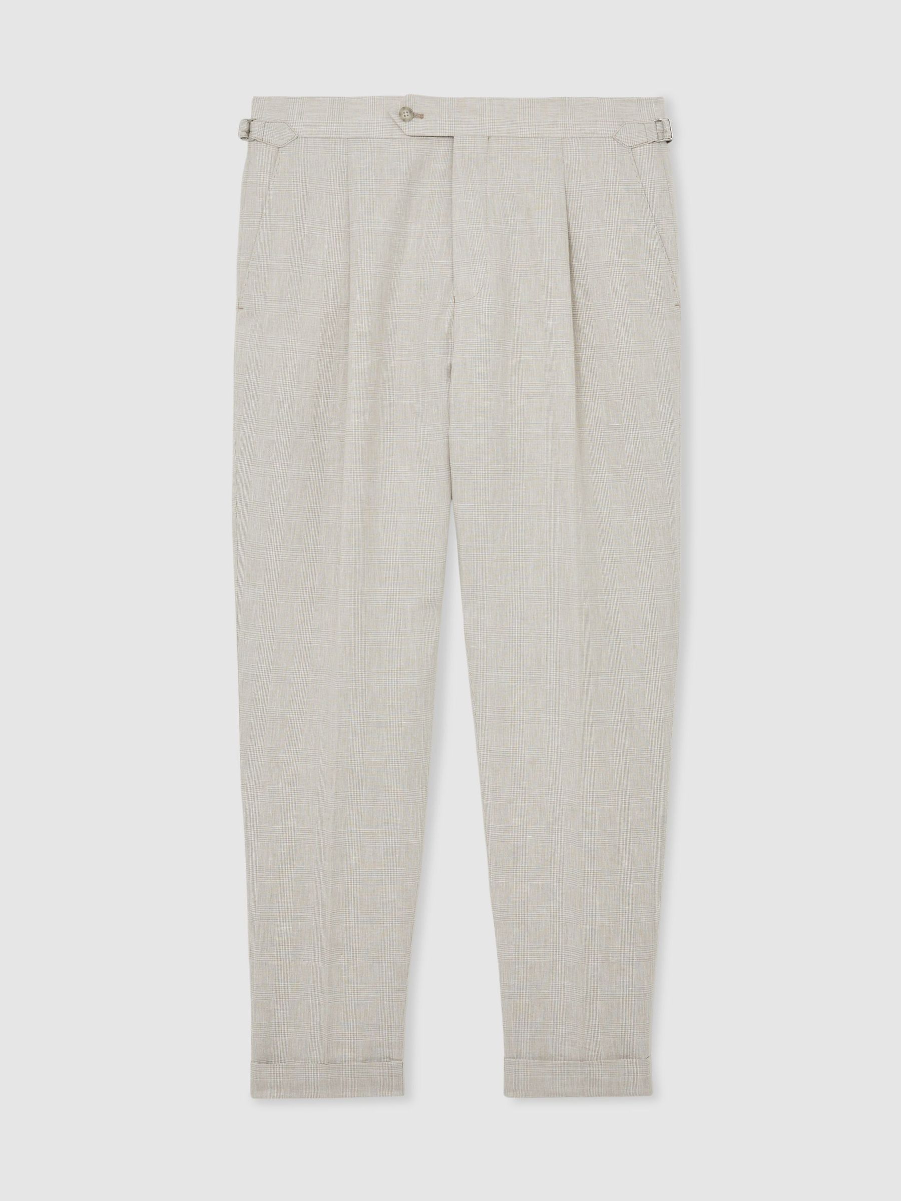 Linen-Cotton Check Tapered Trousers in Oatmeal - image 1