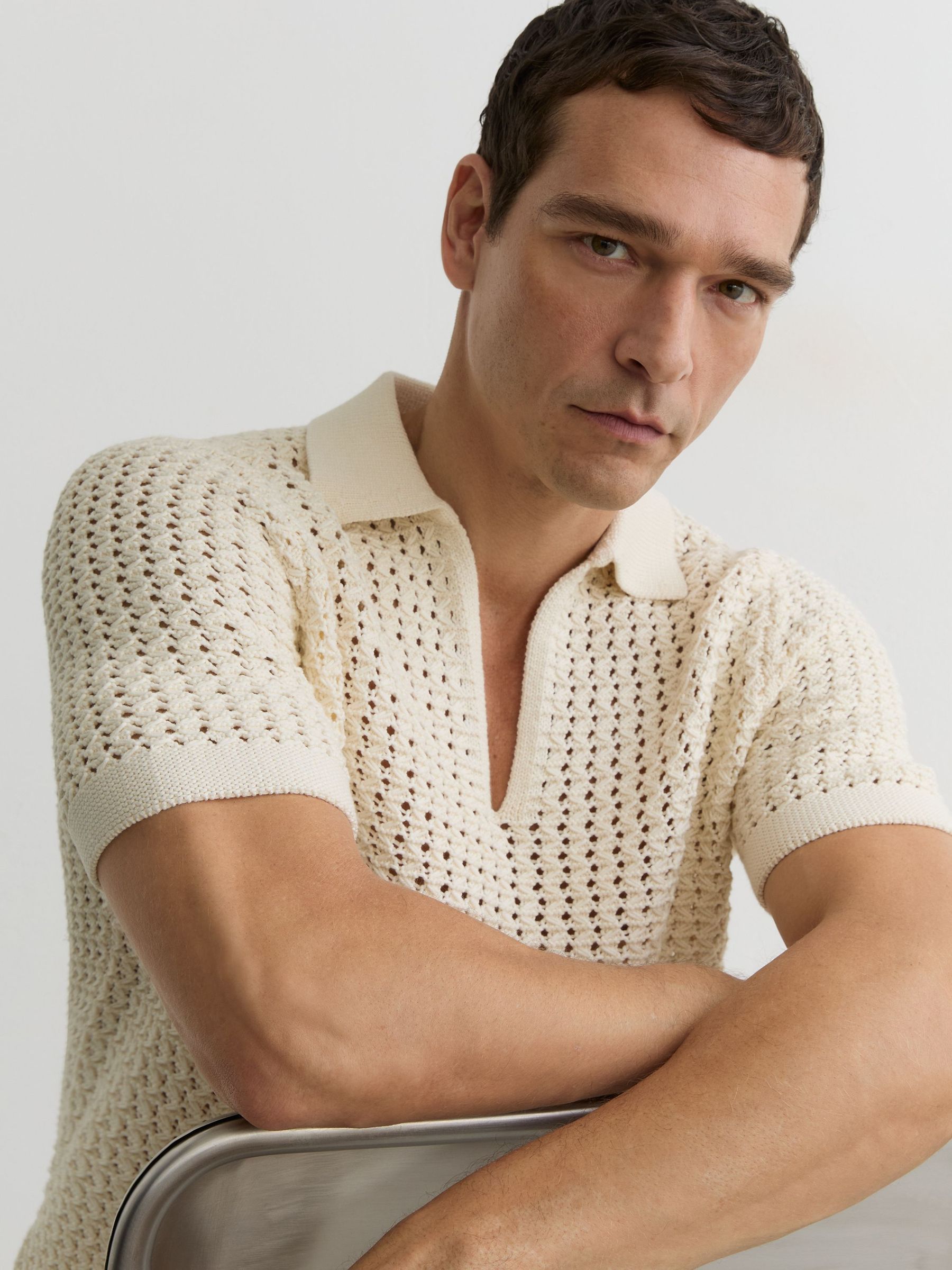 Crochet Open-Collar Polo Shirt in White - image 5