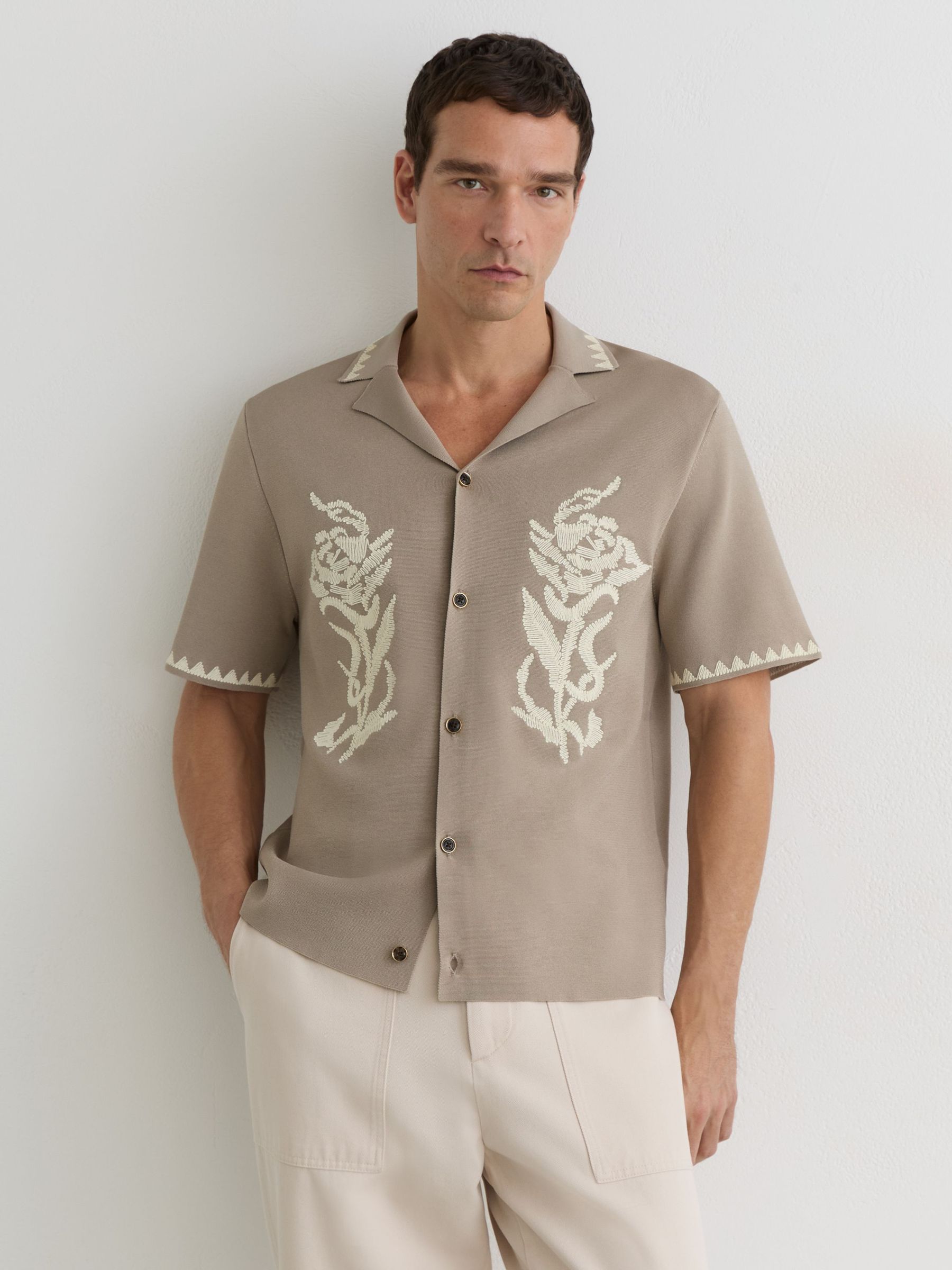 Floral-Embroidered Knitted Shirt in Champagne - image 2