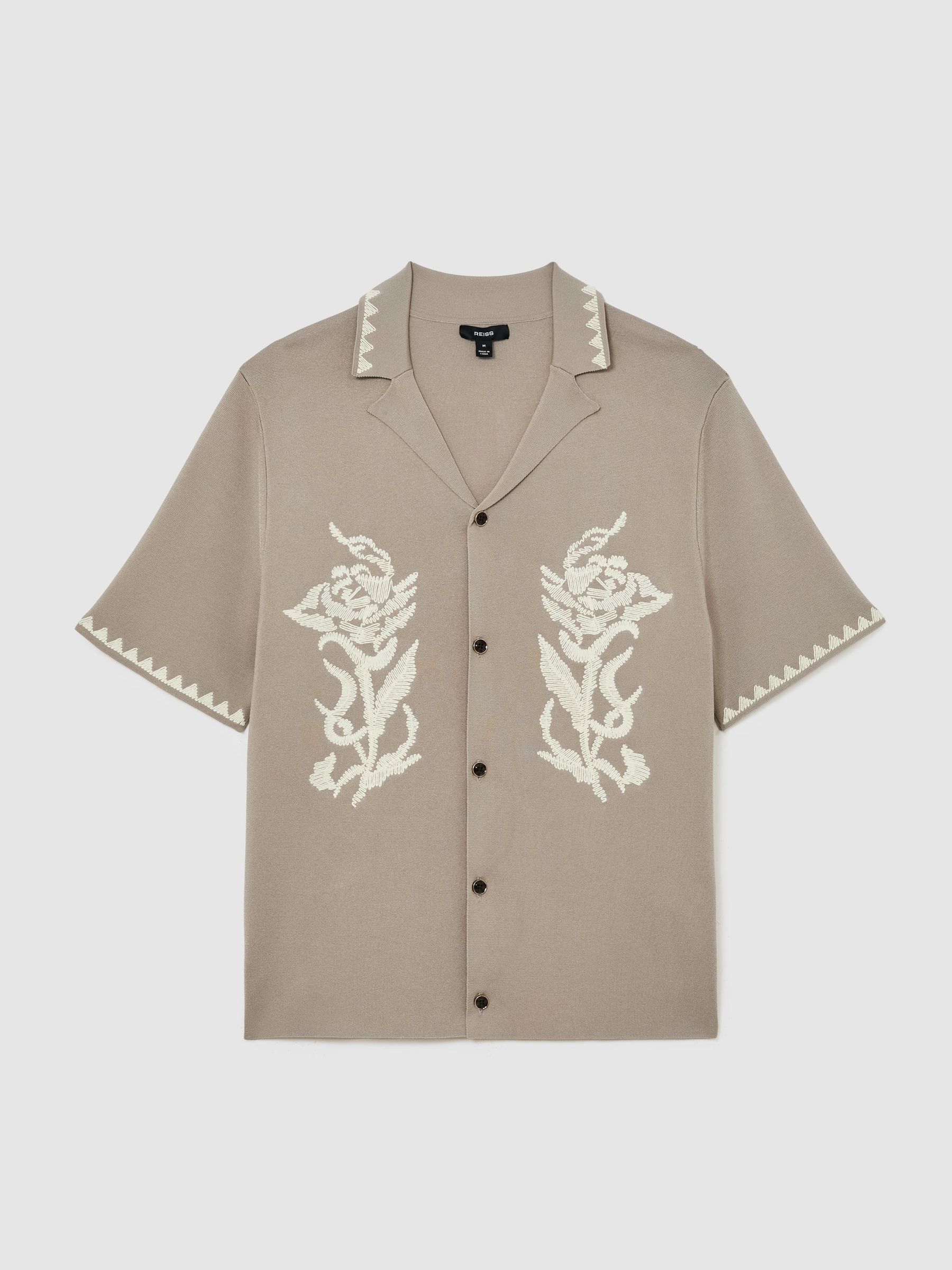 Floral-Embroidered Knitted Shirt in Champagne - image 1