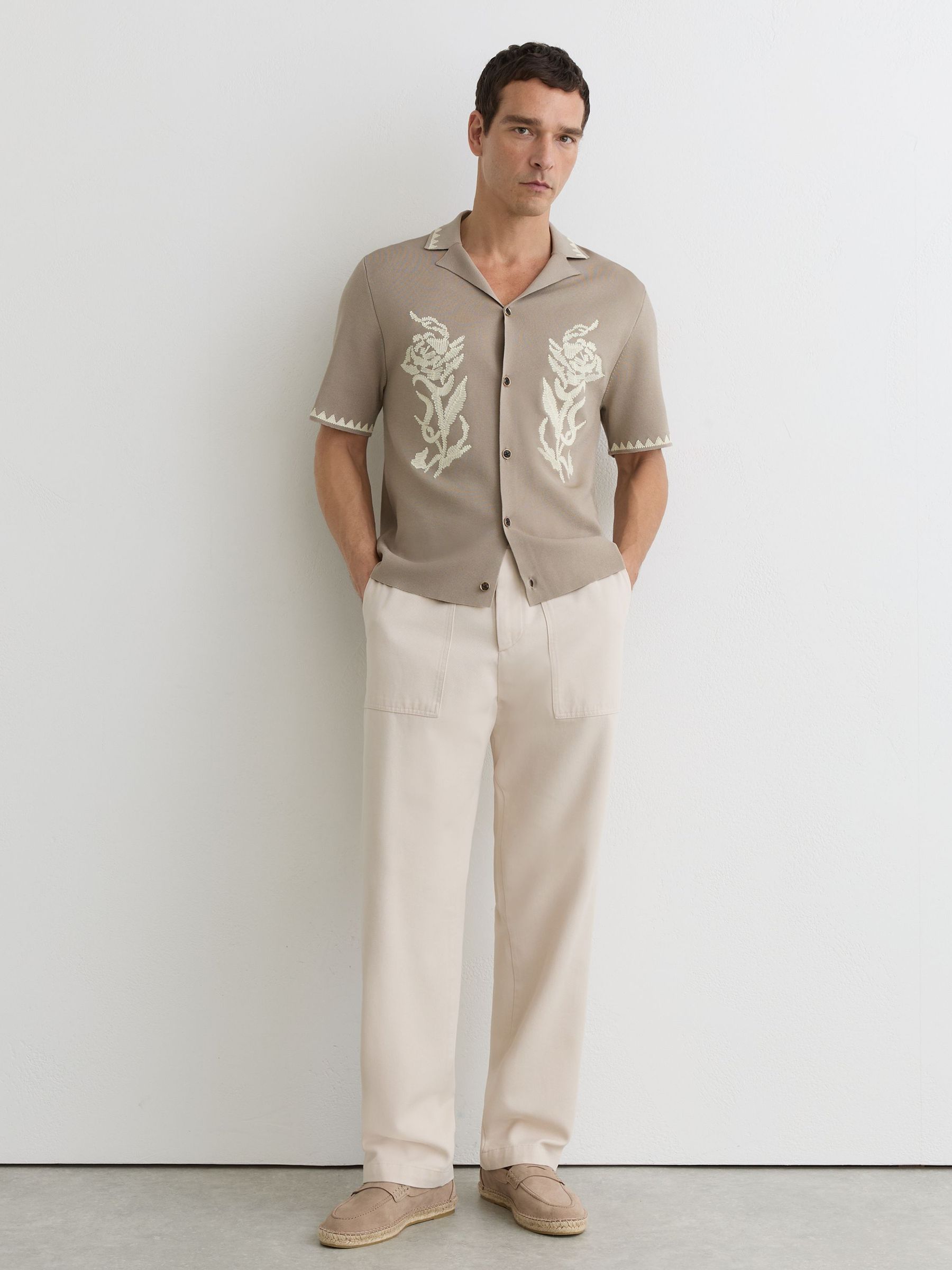 Floral-Embroidered Knitted Shirt in Champagne - image 5
