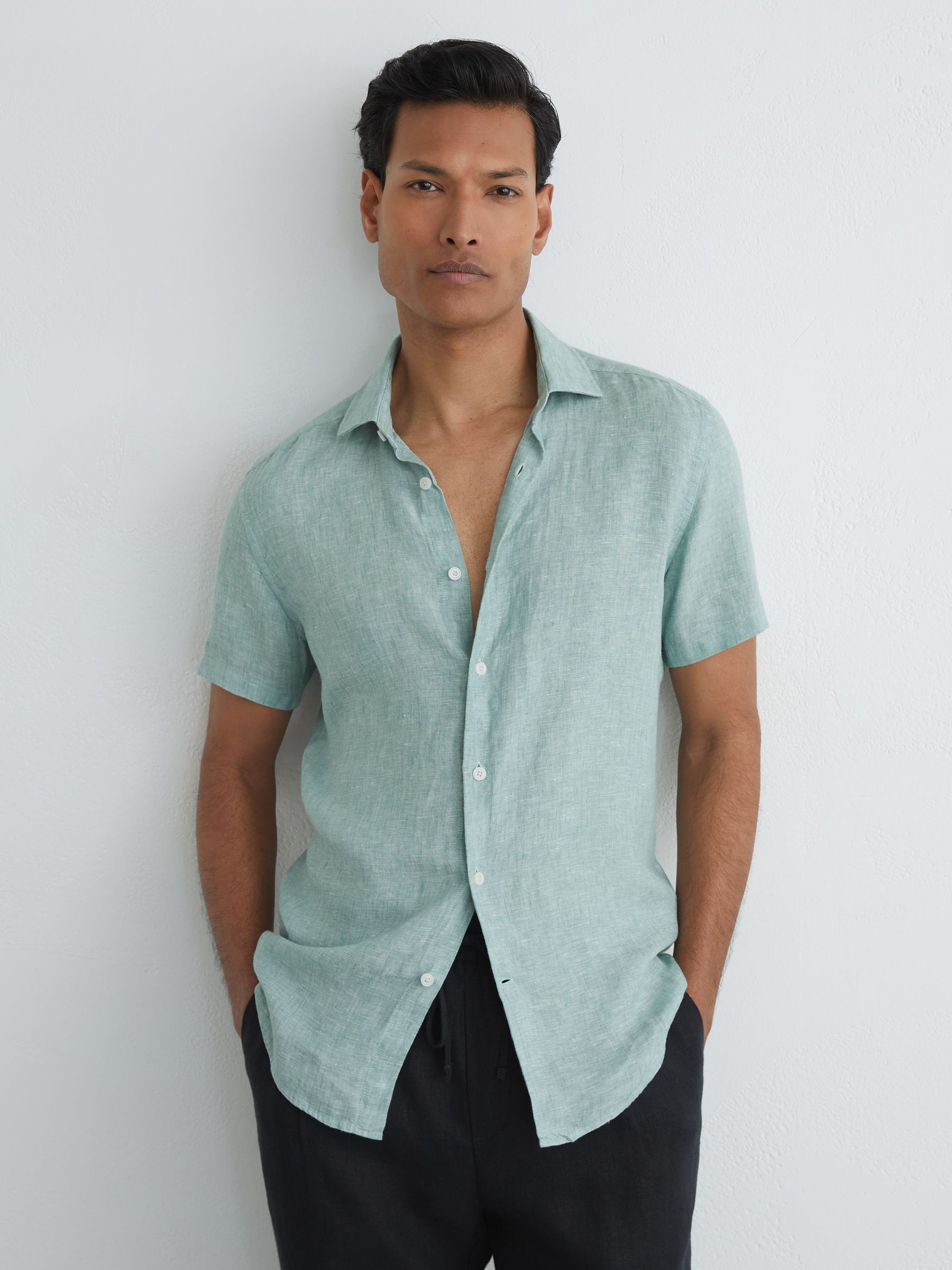 Slim Fit Linen Button-Through Shirt in Sage Melange - image 2