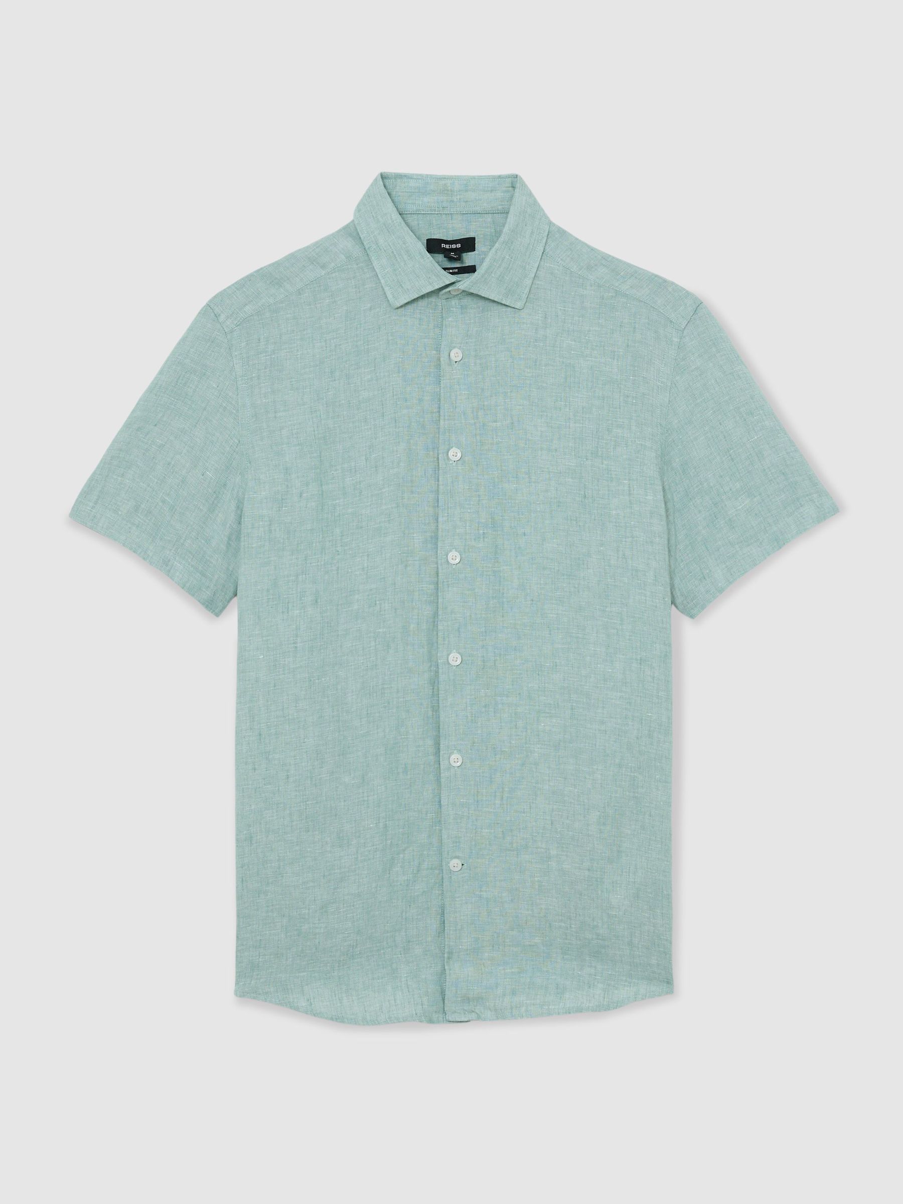 Slim Fit Linen Button-Through Shirt in Sage Melange - image 1