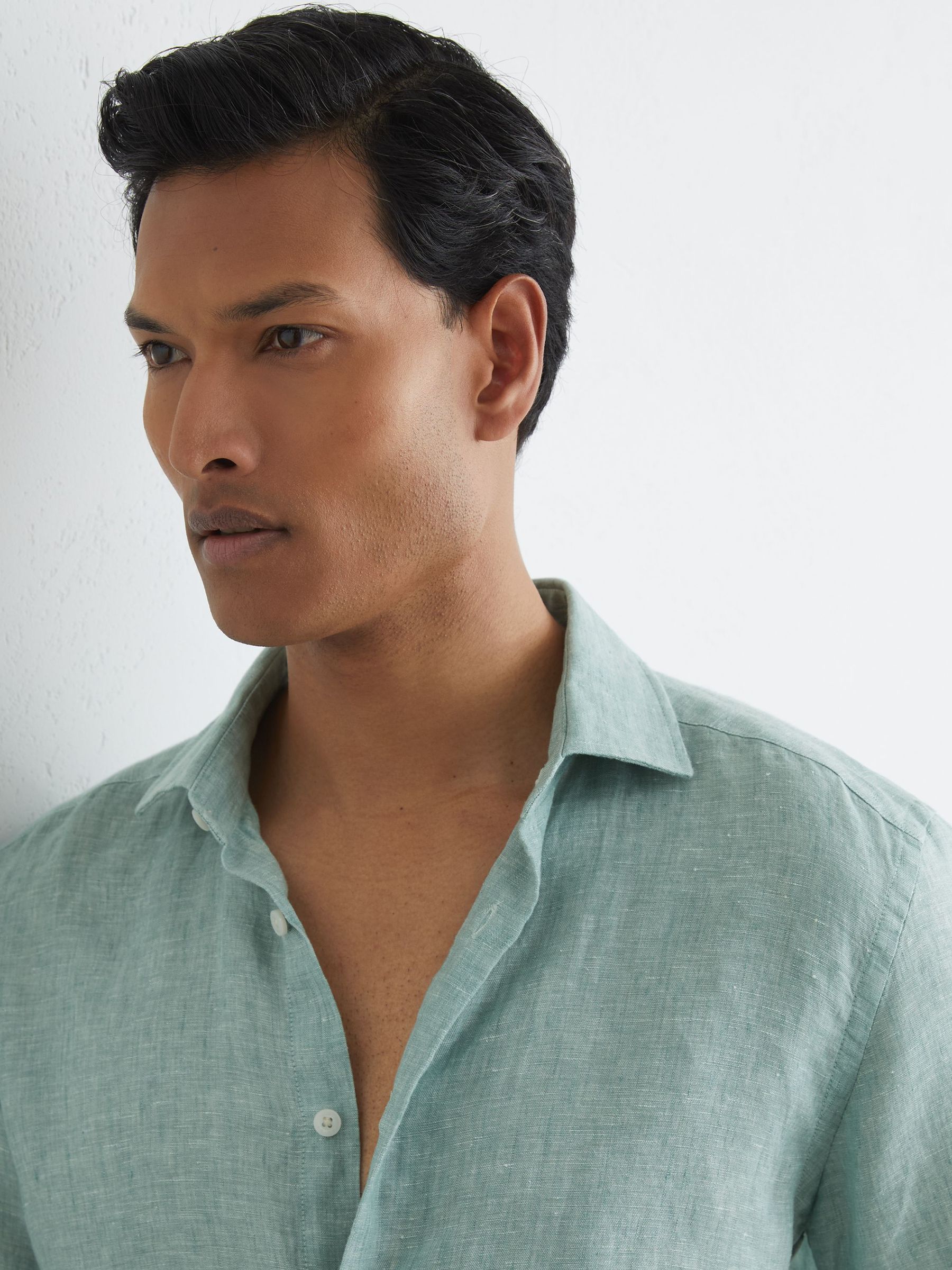 Slim Fit Linen Button-Through Shirt in Sage Melange - image 5