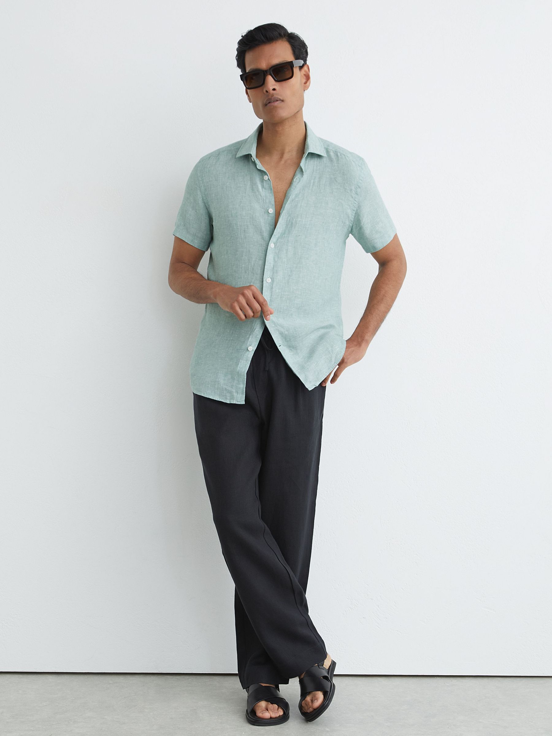 Slim Fit Linen Button-Through Shirt in Sage Melange - image 3