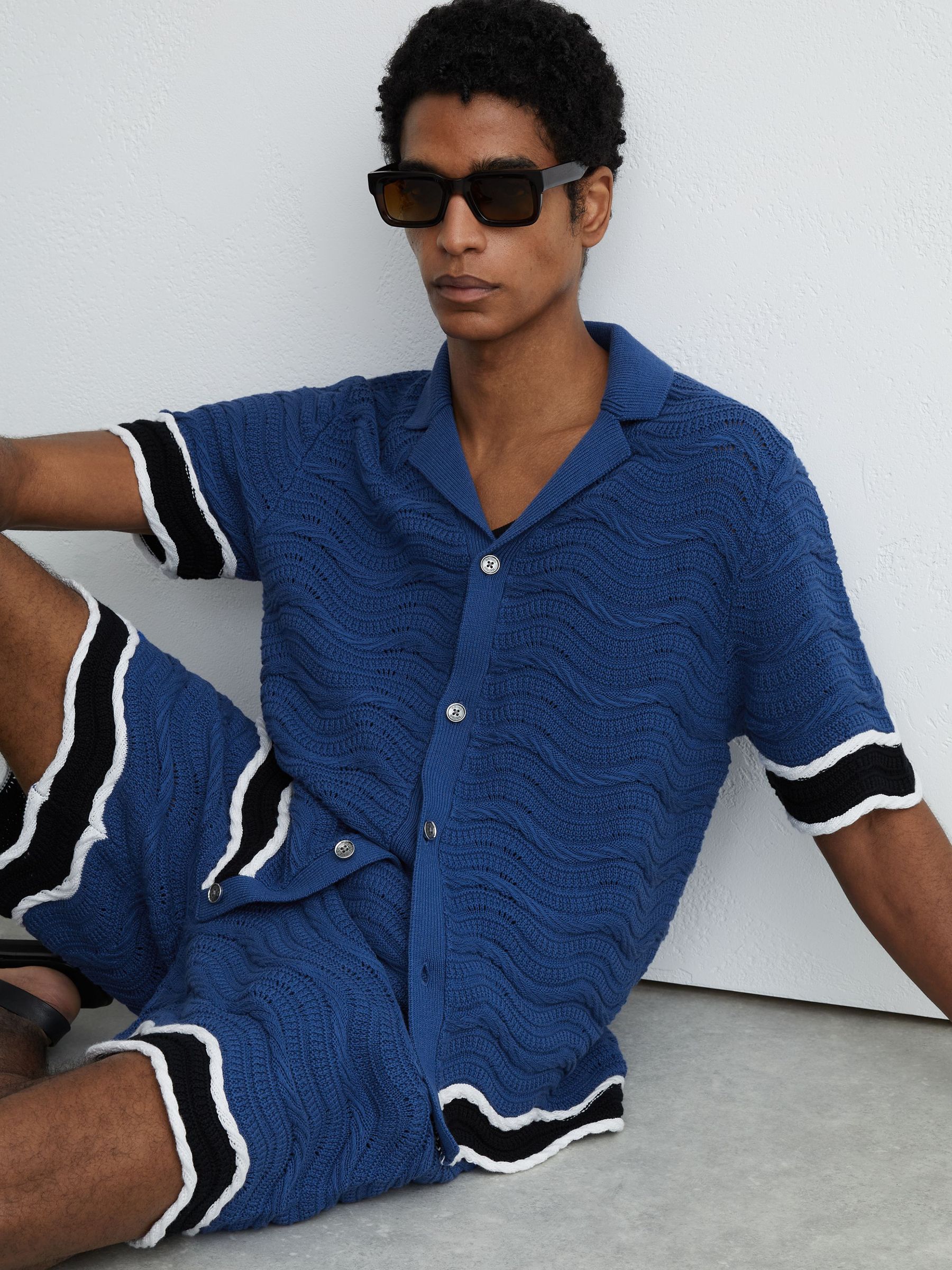 Cotton-Blend Wave-Knit Tipped Shirt in Blue - image 2