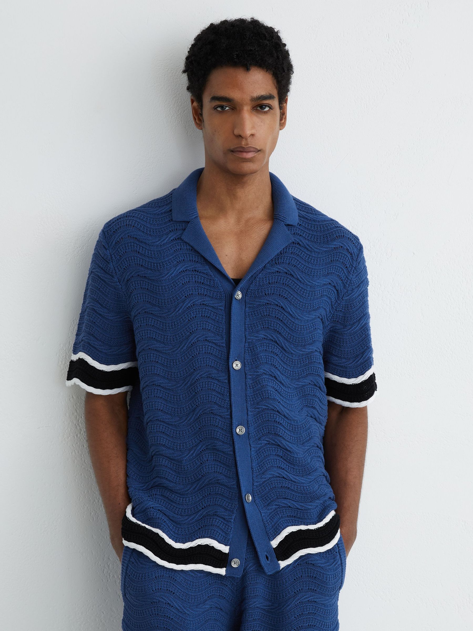 Cotton-Blend Wave-Knit Tipped Shirt in Blue - image 3