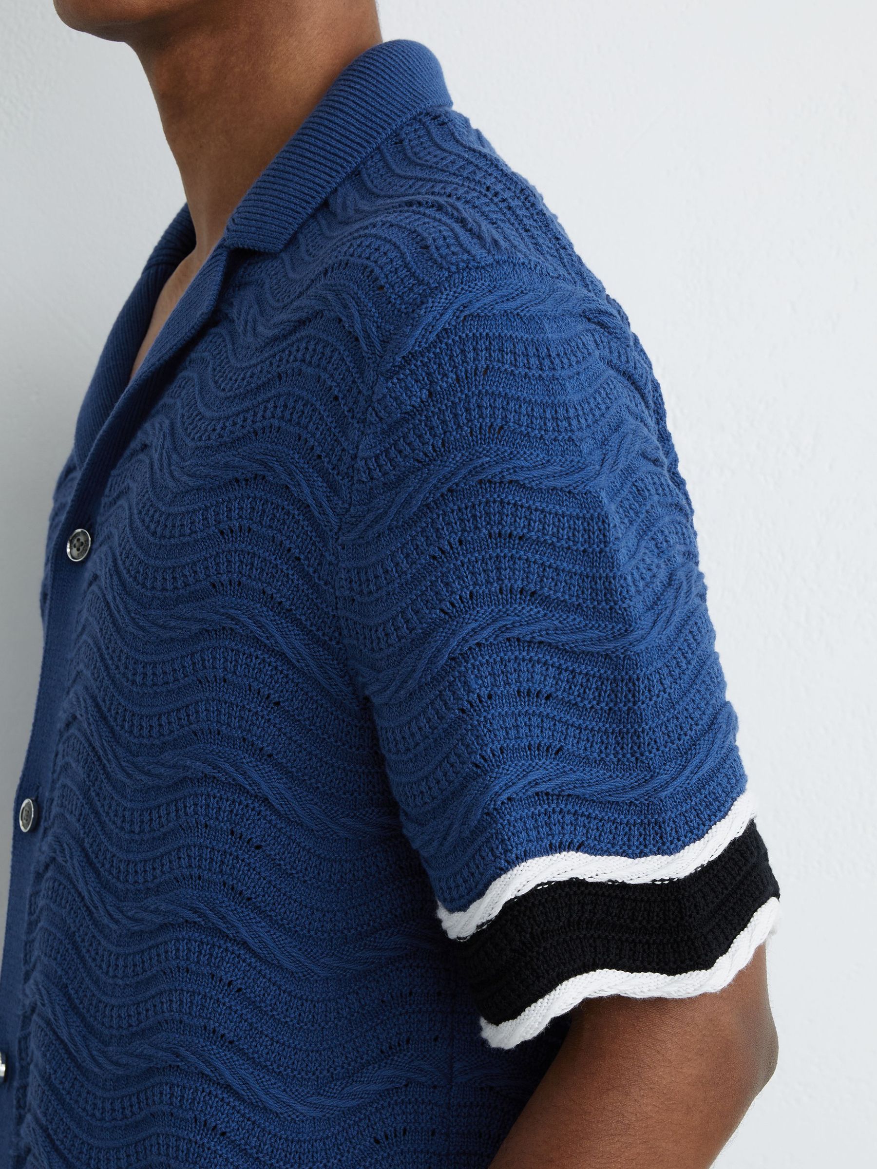 Cotton-Blend Wave-Knit Tipped Shirt in Blue - image 5