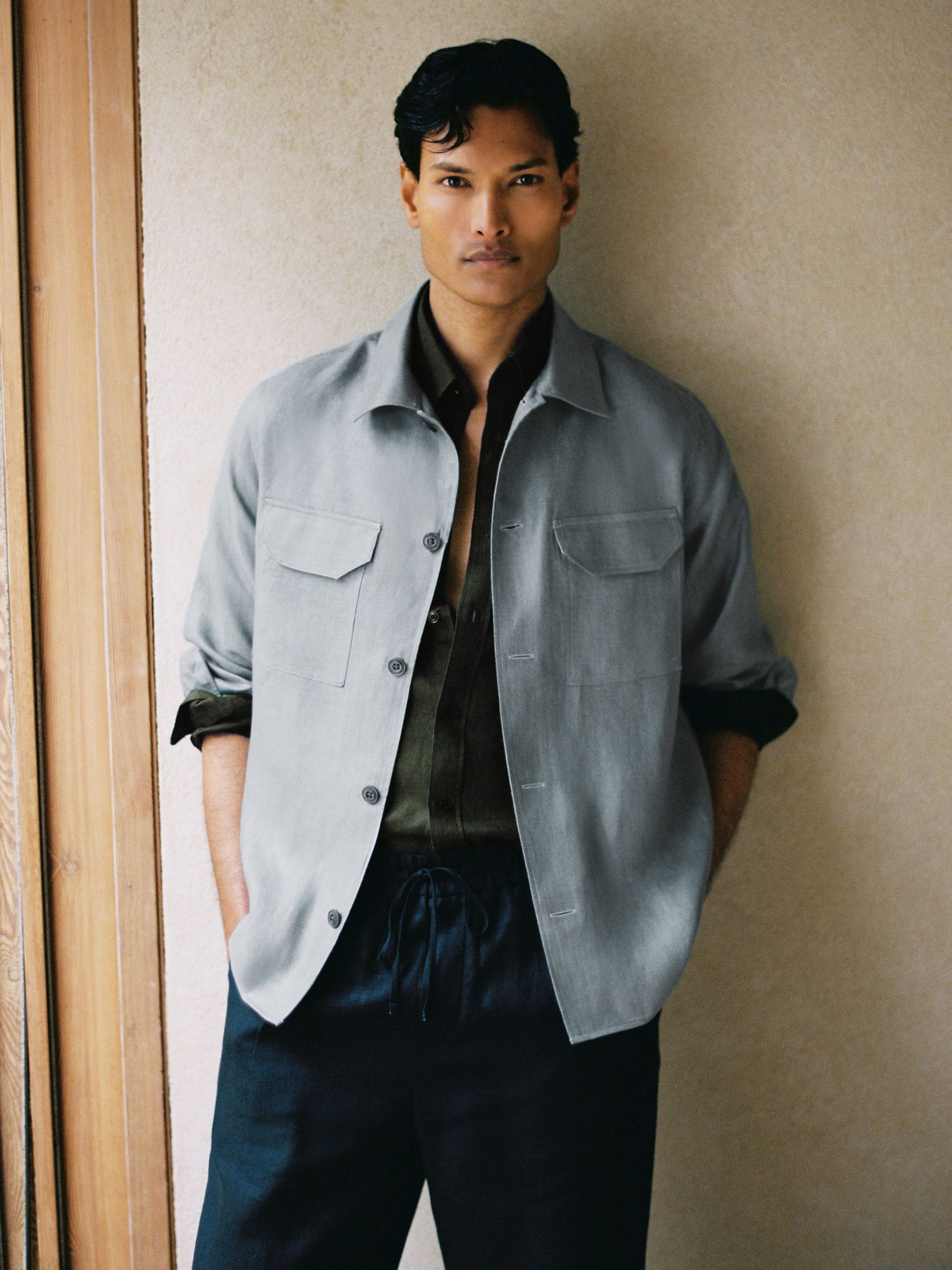 Linen Herringbone-Stripe Regular-Fit Shirt in Teal Blue - Image 1 of 9