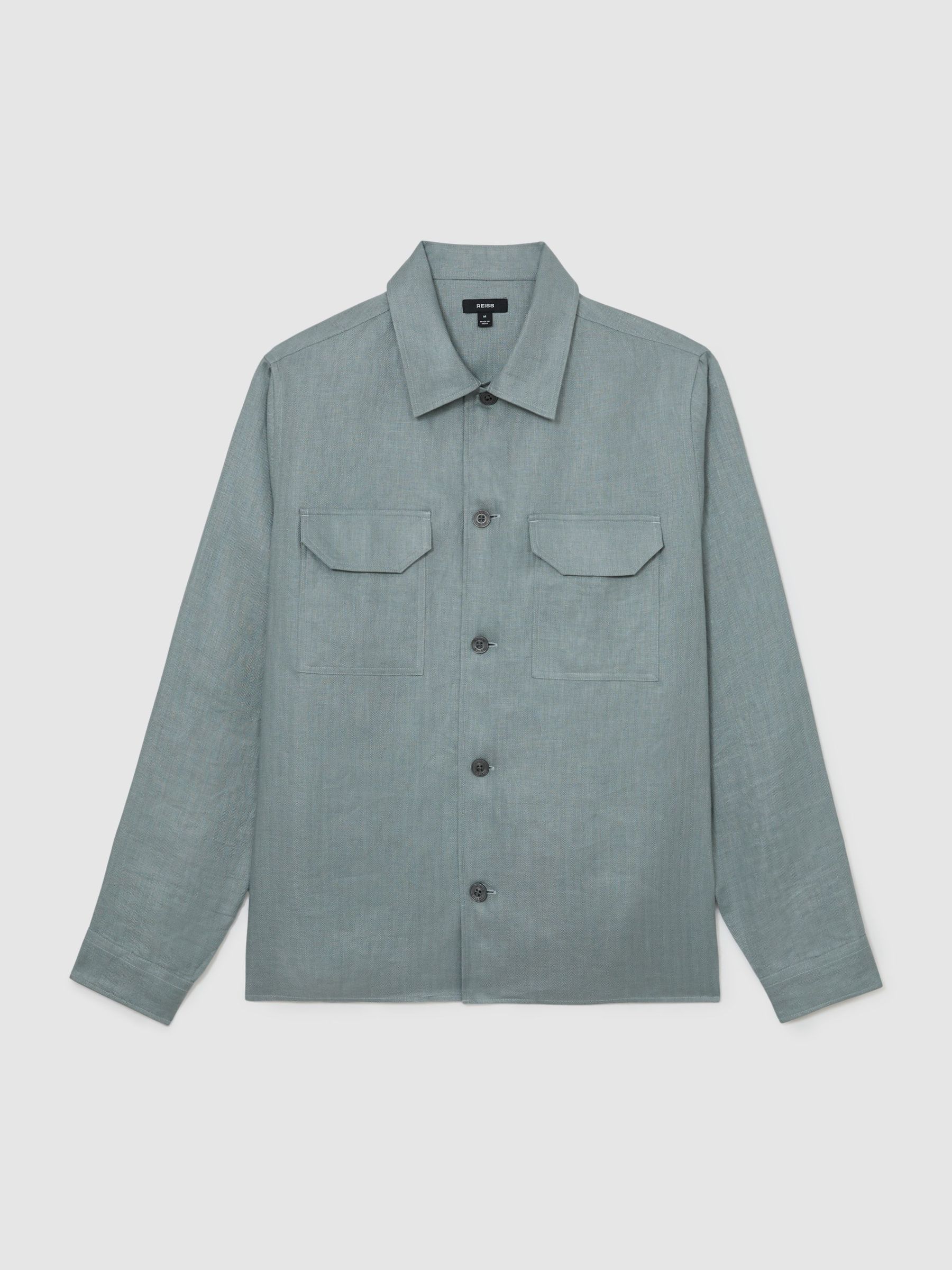 Linen Herringbone-Stripe Regular-Fit Shirt in Teal Blue - Image 2 of 9