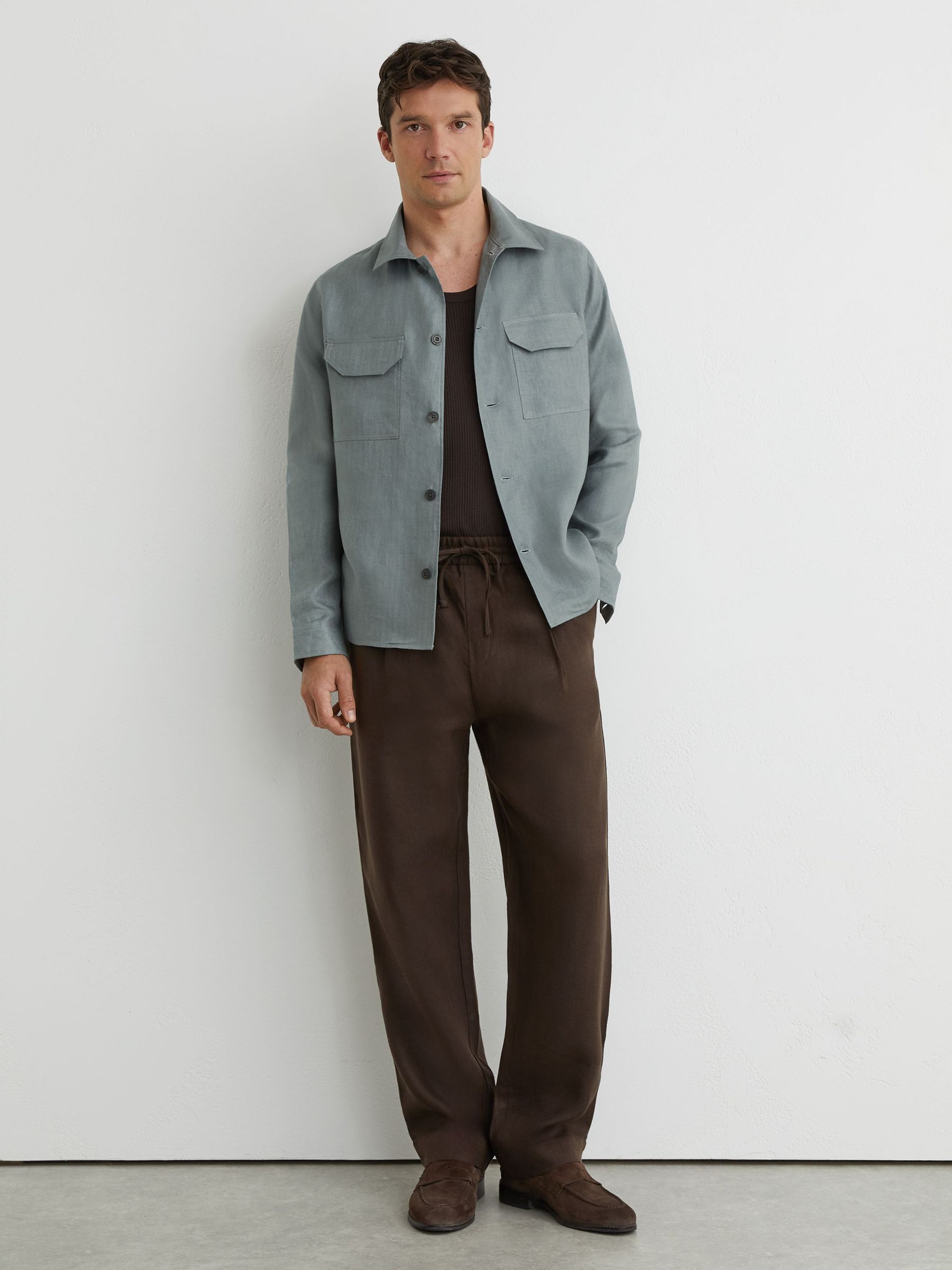 Linen Herringbone-Stripe Regular-Fit Shirt in Teal Blue - Image 3 of 9