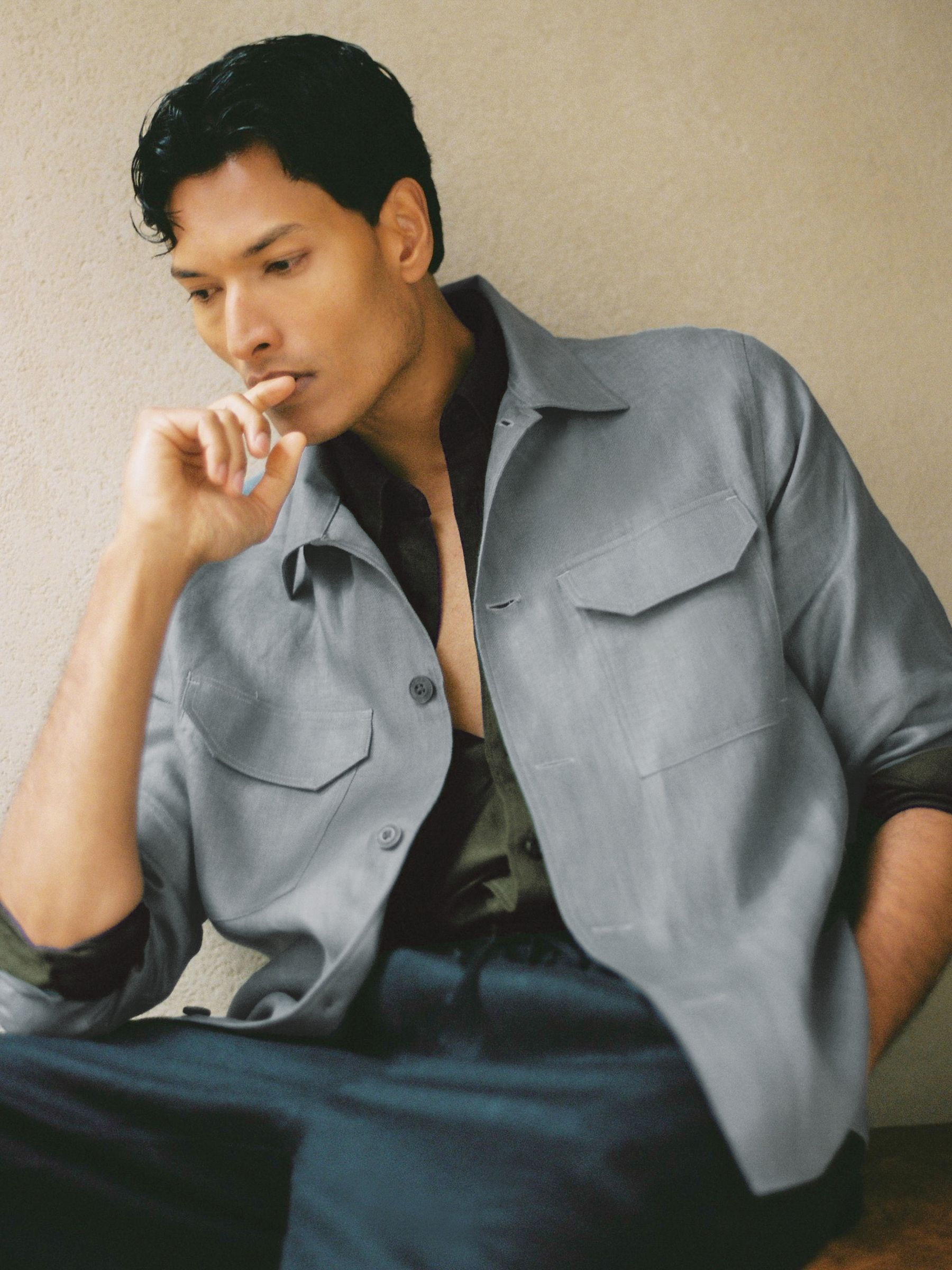 Linen Herringbone-Stripe Regular-Fit Shirt in Teal Blue - Image 4 of 9