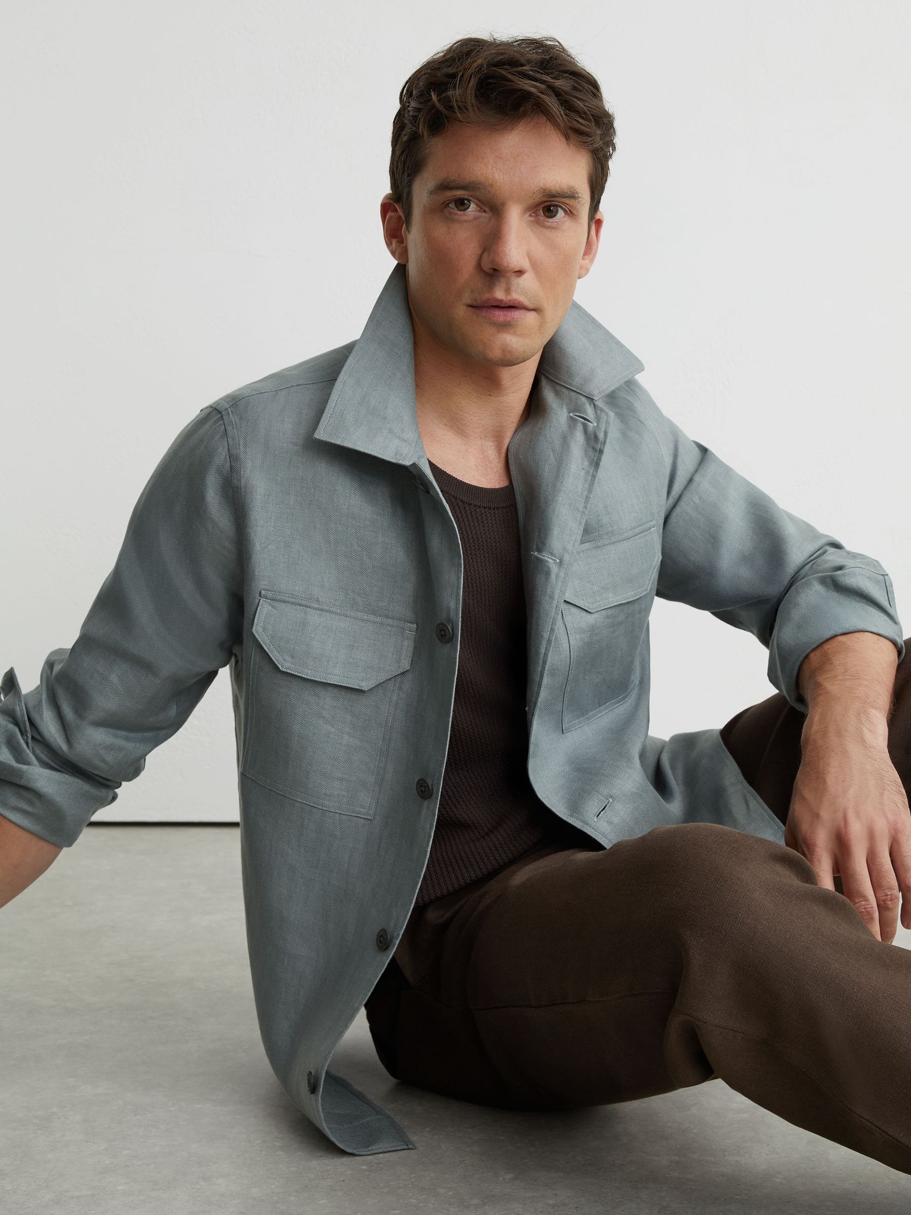 Linen Herringbone-Stripe Regular-Fit Shirt in Teal Blue - Image 5 of 9