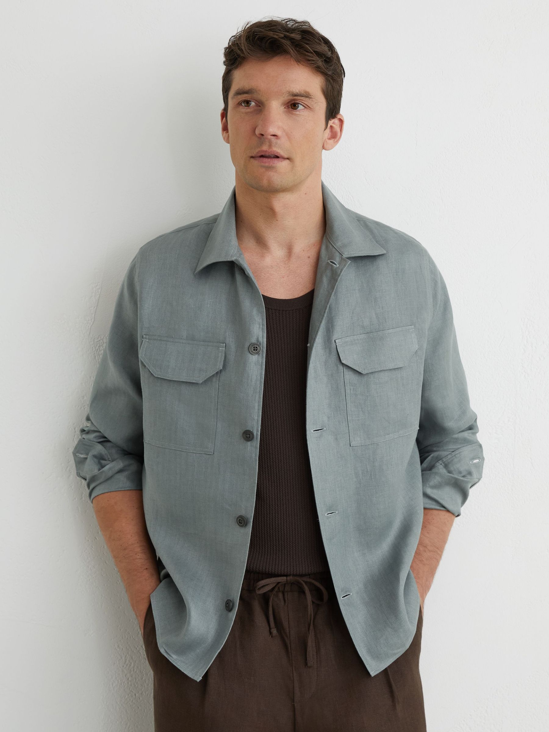 Linen Herringbone-Stripe Regular-Fit Shirt in Teal Blue - Image 6 of 9