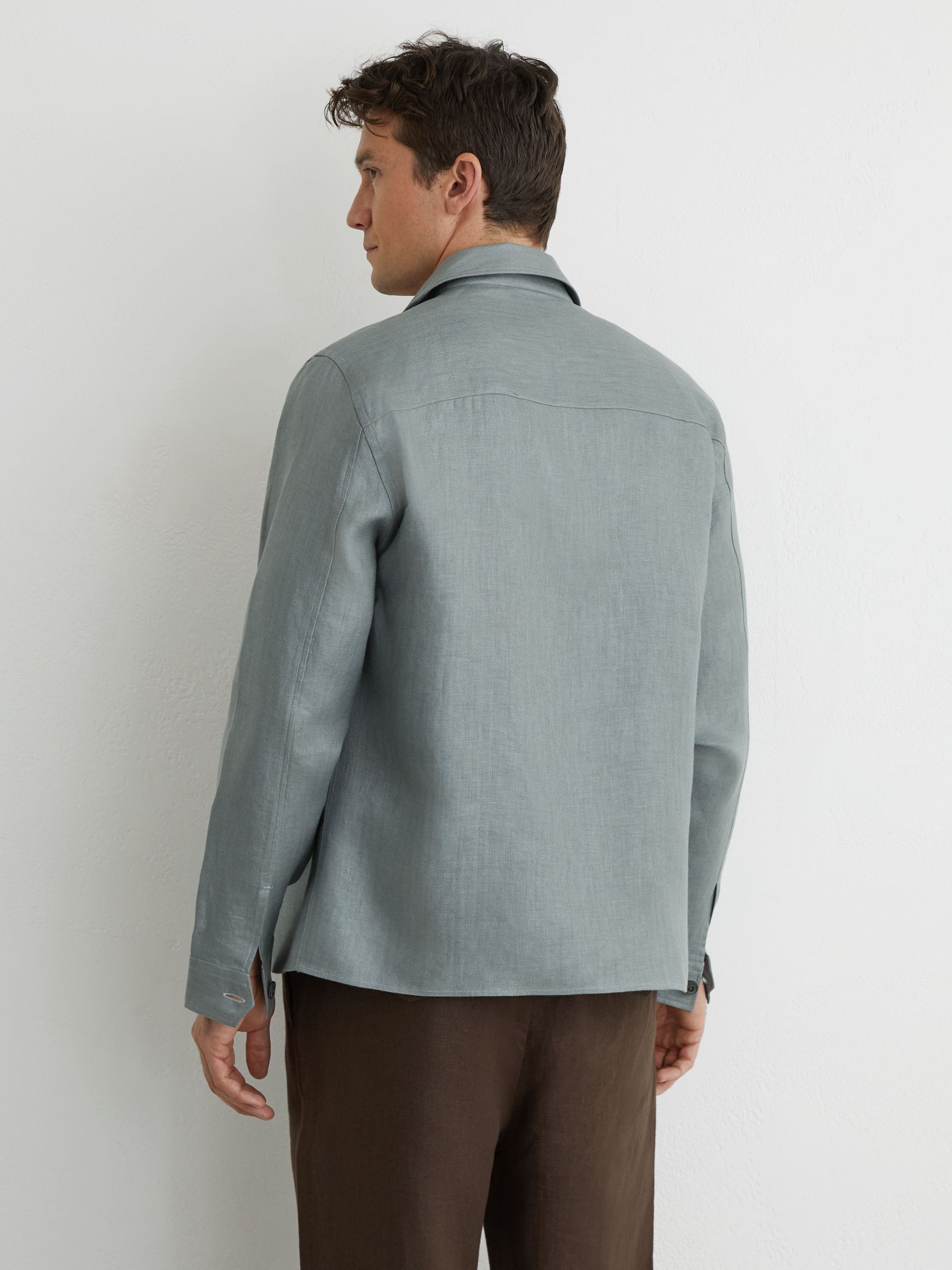 Linen Herringbone-Stripe Regular-Fit Shirt in Teal Blue - Image 7 of 9