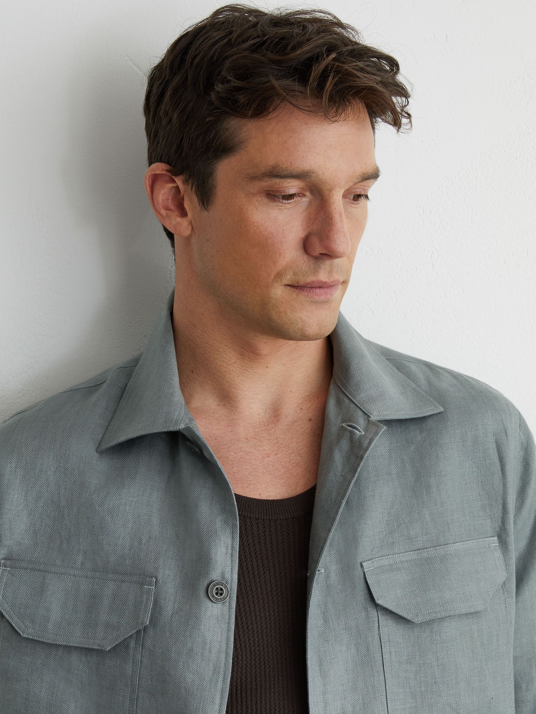 Linen Herringbone-Stripe Regular-Fit Shirt in Teal Blue - Image 8 of 9