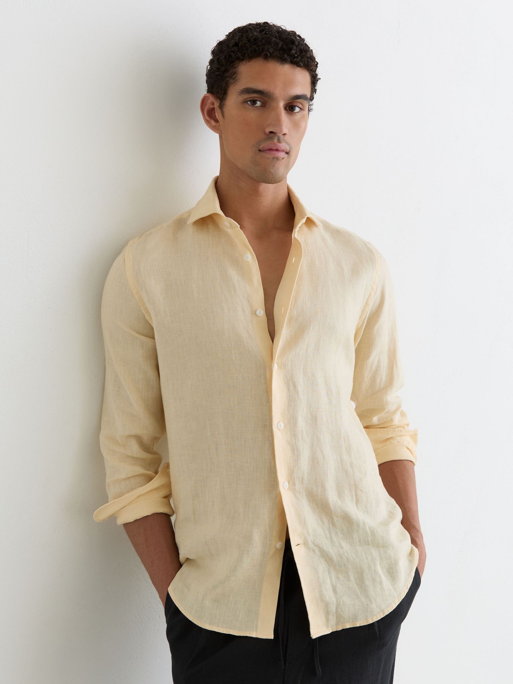 Linen Cutaway-Collar Regular-Fit Shirt in Buttermilk Yellow - Image 1 of 7