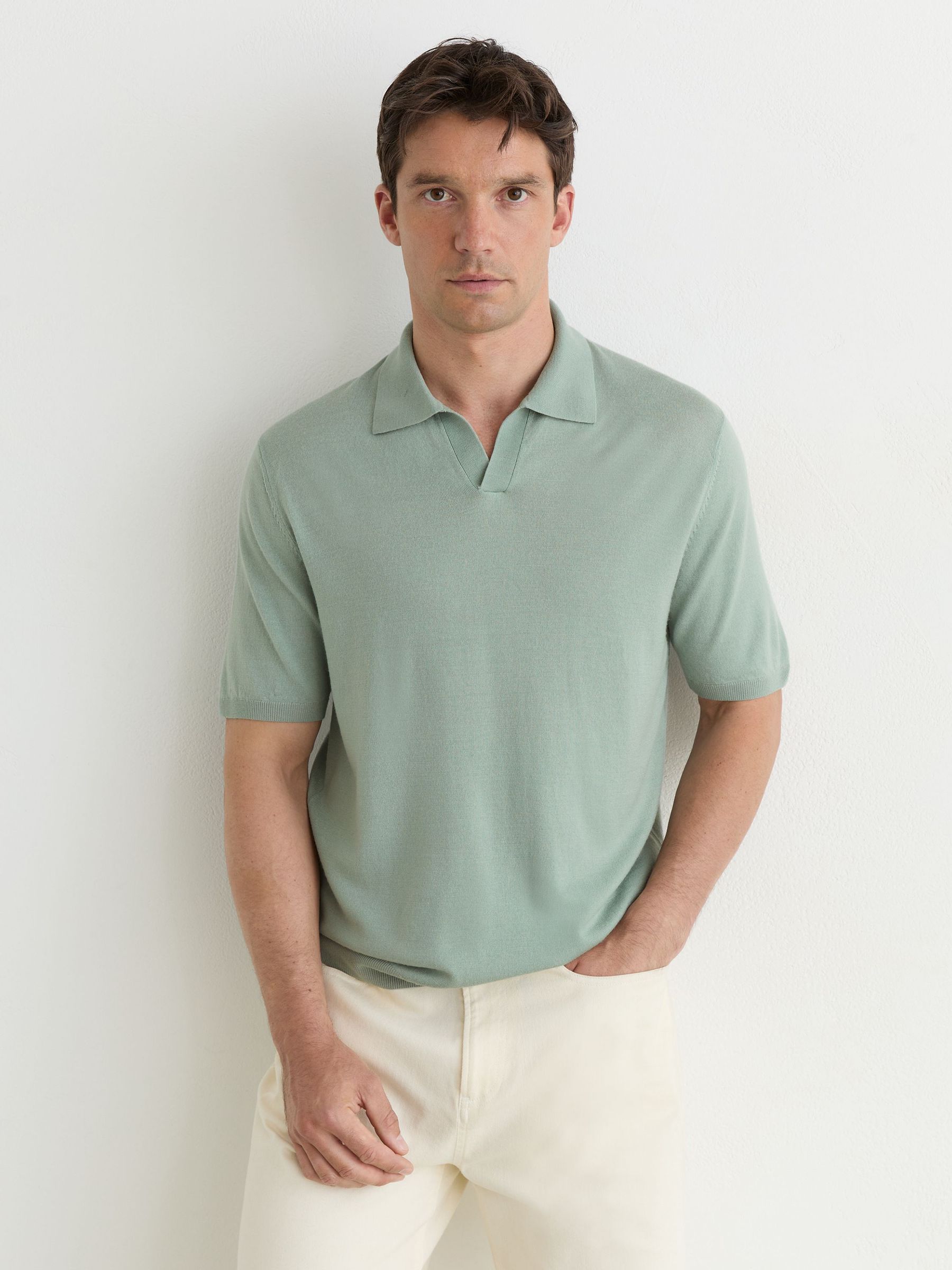 Pigment-Dyed Merino Wool Open-Collar Polo Shirt in Soft Sage Green - Image 1 of 5