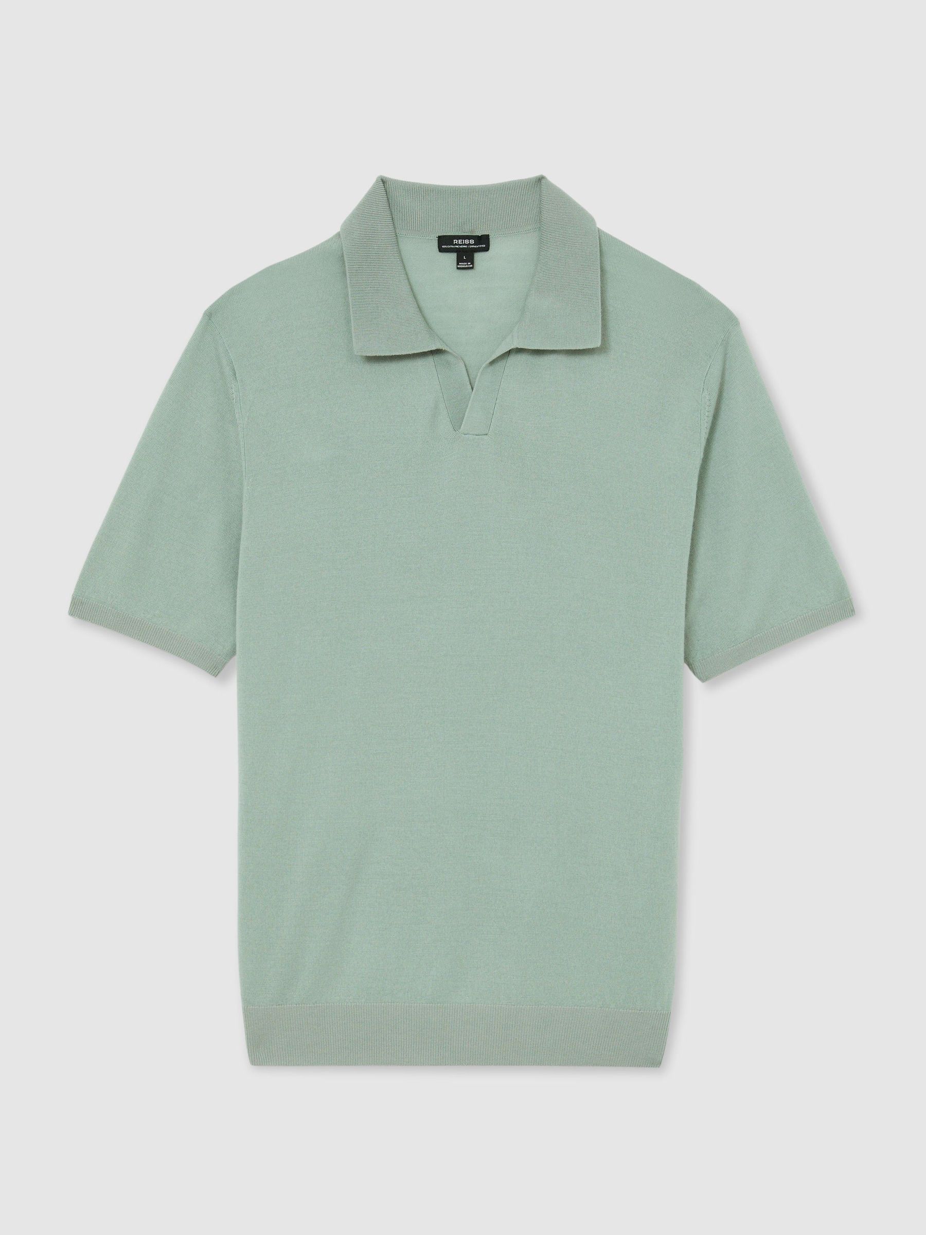 Pigment-Dyed Merino Wool Open-Collar Polo Shirt in Soft Sage Green - Image 2 of 5