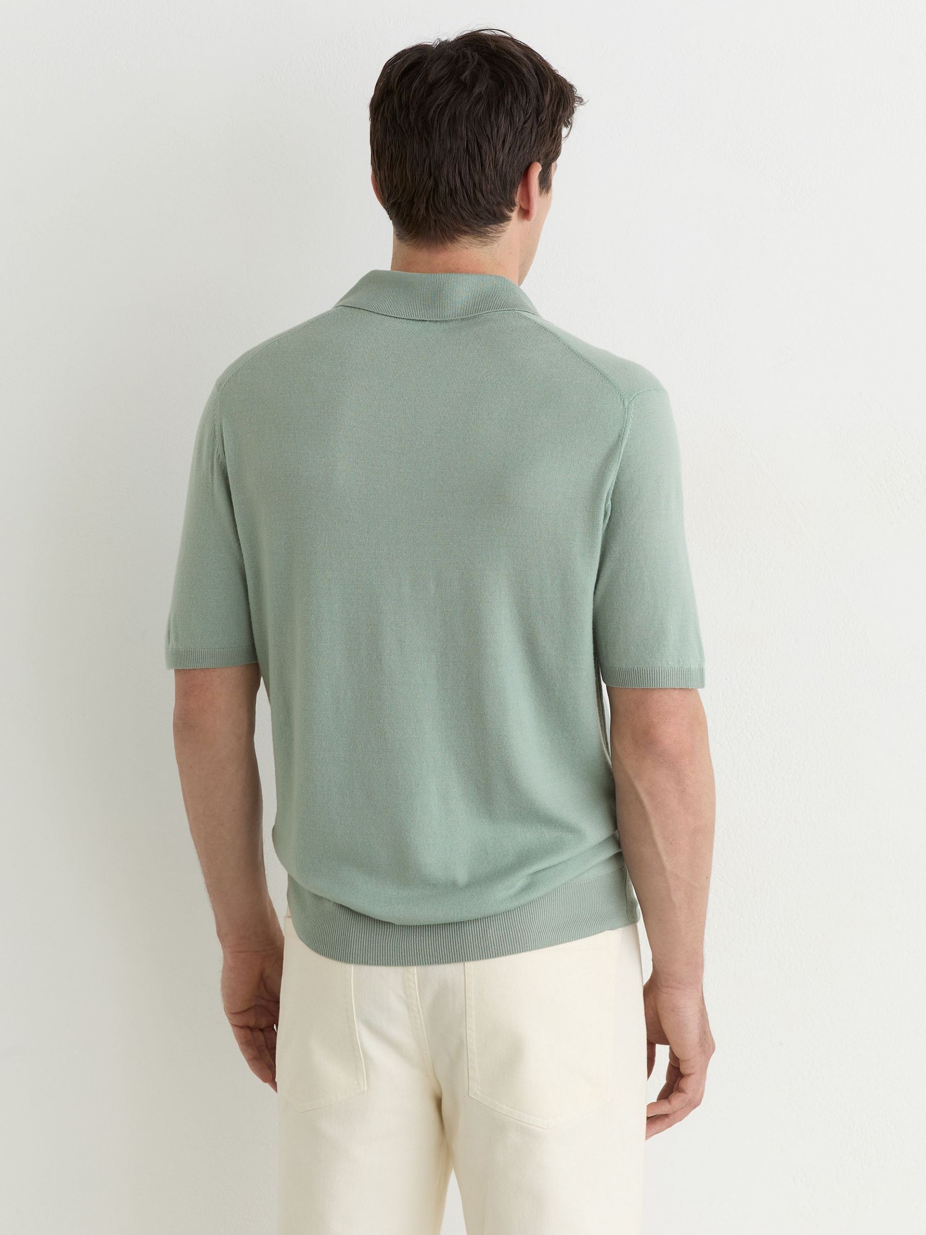Pigment-Dyed Merino Wool Open-Collar Polo Shirt in Soft Sage Green - Image 4 of 5