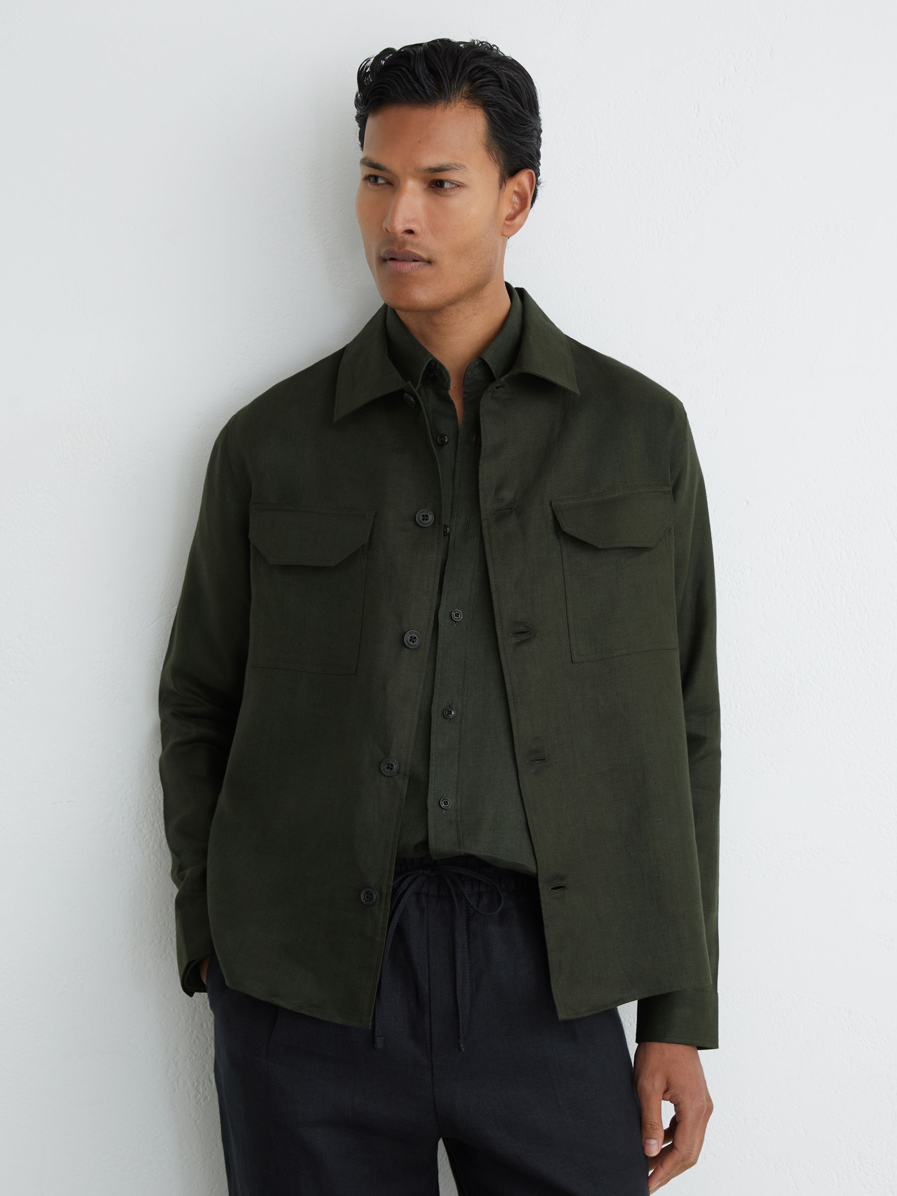 Linen Herringbone-Stripe Regular-Fit Shirt in Midnight Green - image 2