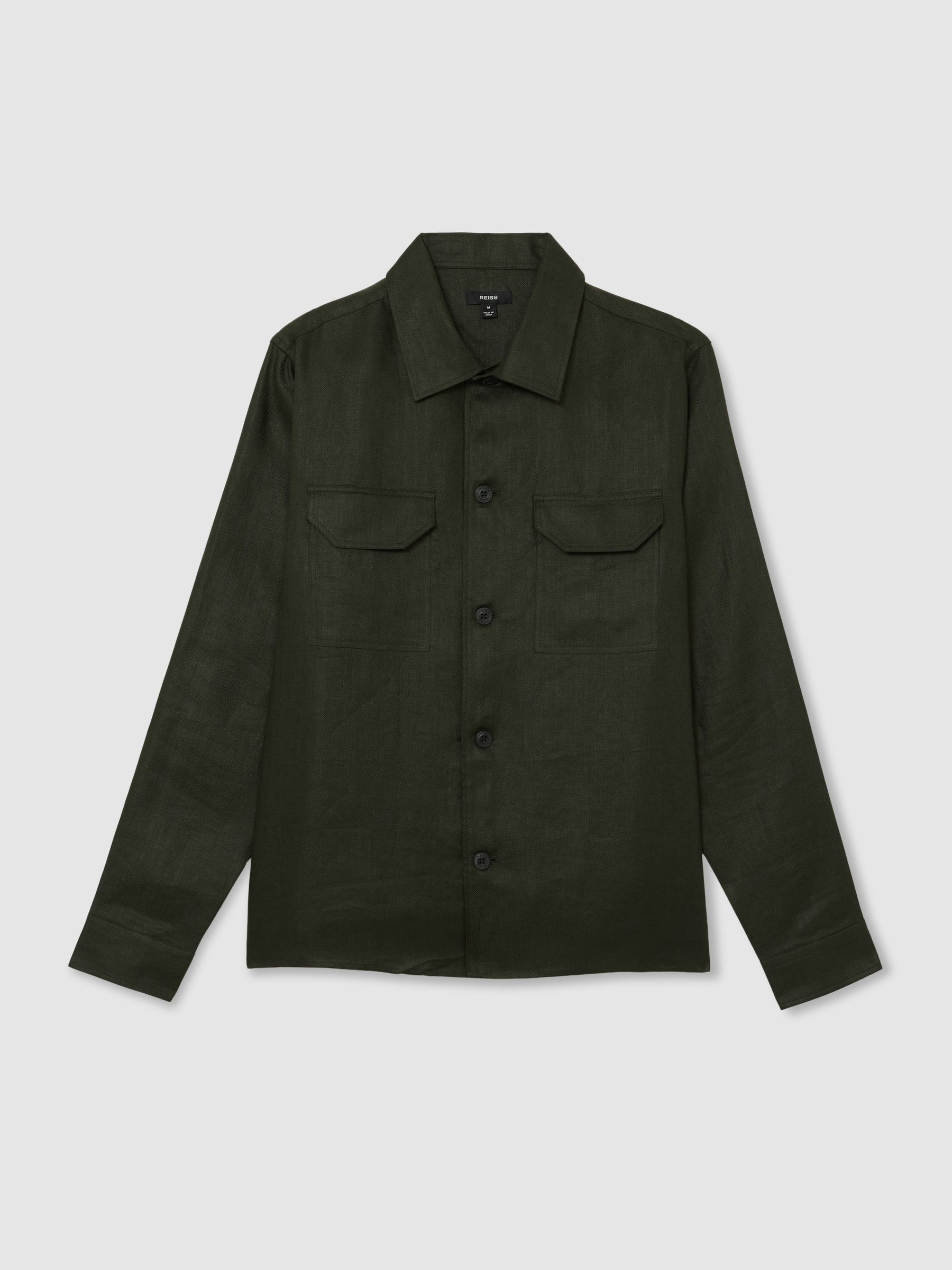 Linen Herringbone-Stripe Regular-Fit Shirt in Midnight Green - image 1