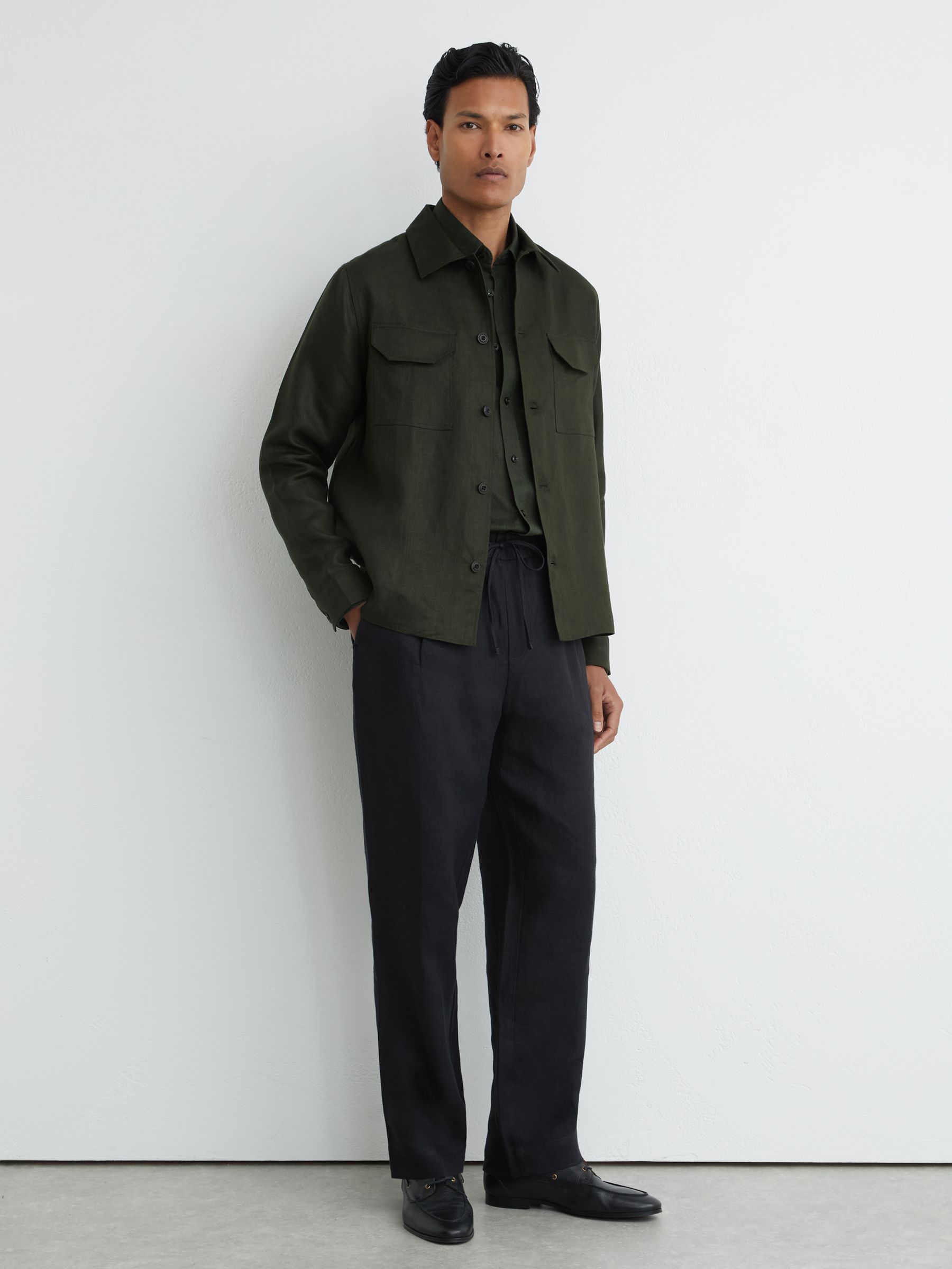 Linen Herringbone-Stripe Regular-Fit Shirt in Midnight Green - image 5