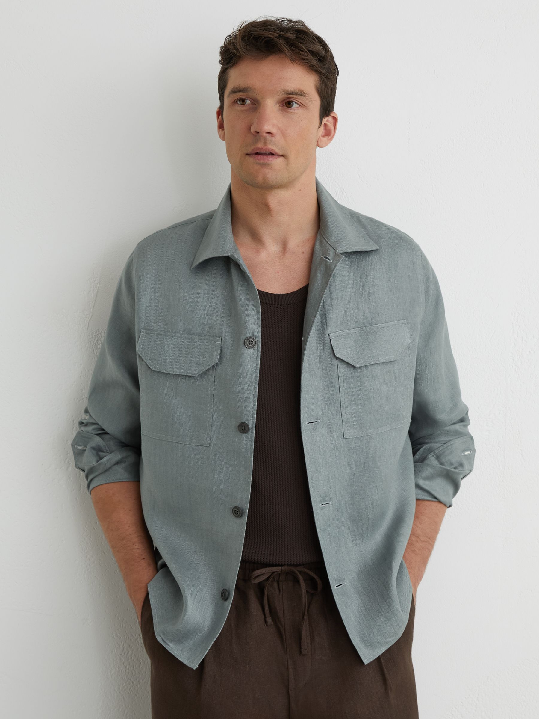 Linen Herringbone-Stripe Regular-Fit Shirt in Midnight Green - Image 4 of 7