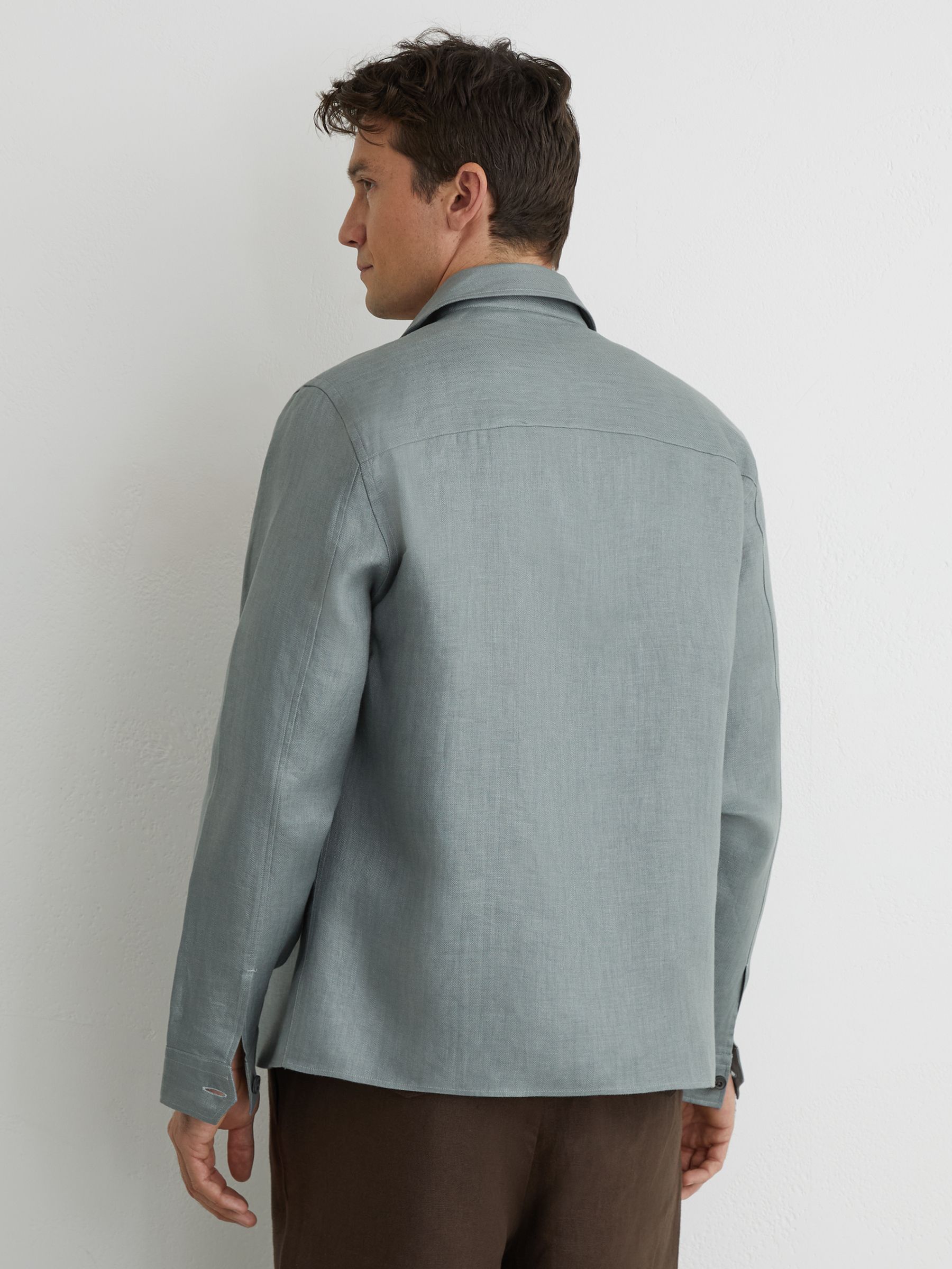 Linen Herringbone-Stripe Regular-Fit Shirt in Midnight Green - Image 5 of 7