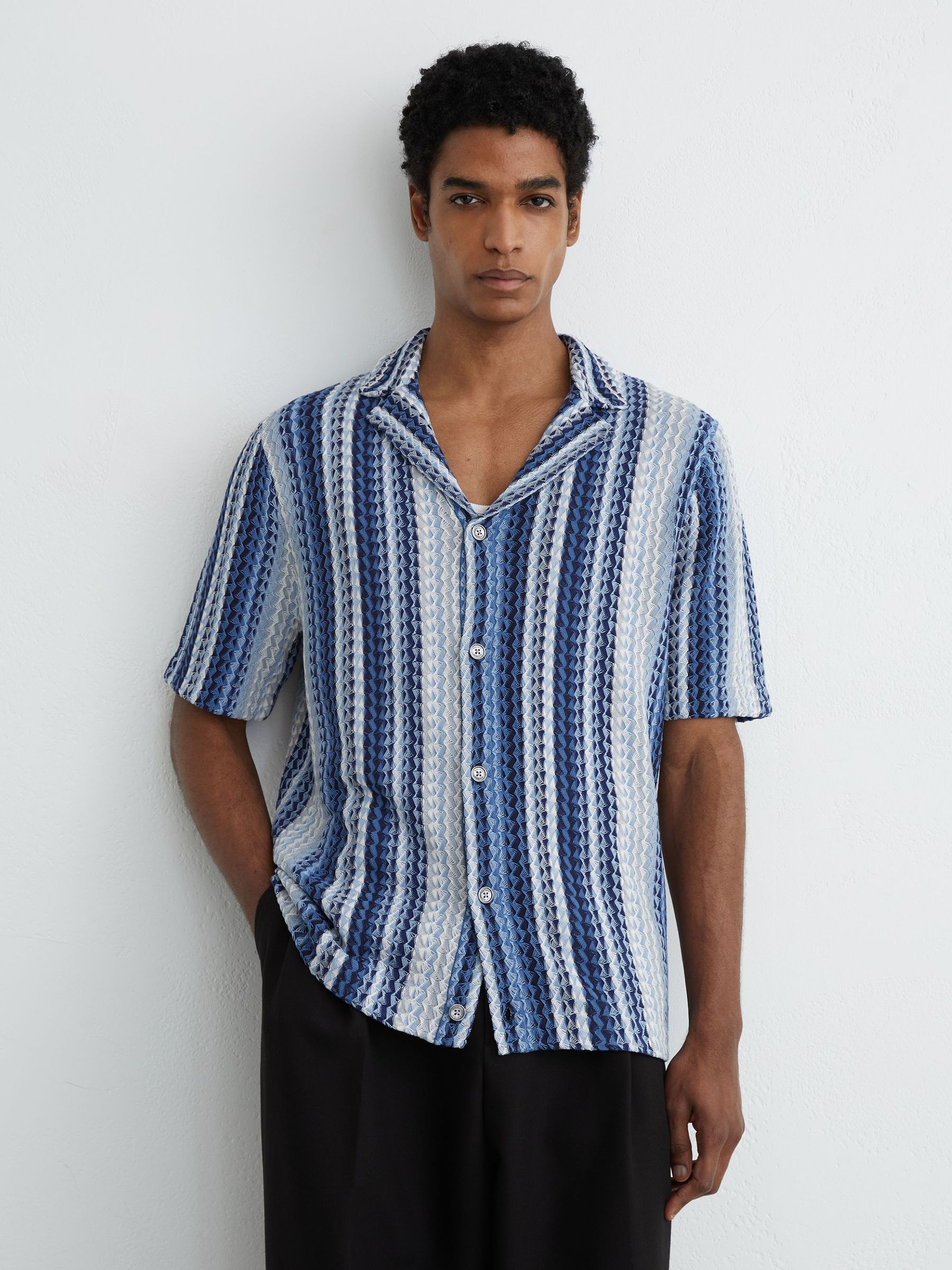 Stripe-Knit Cuban-Collar Shirt in Soft Blue - image 5