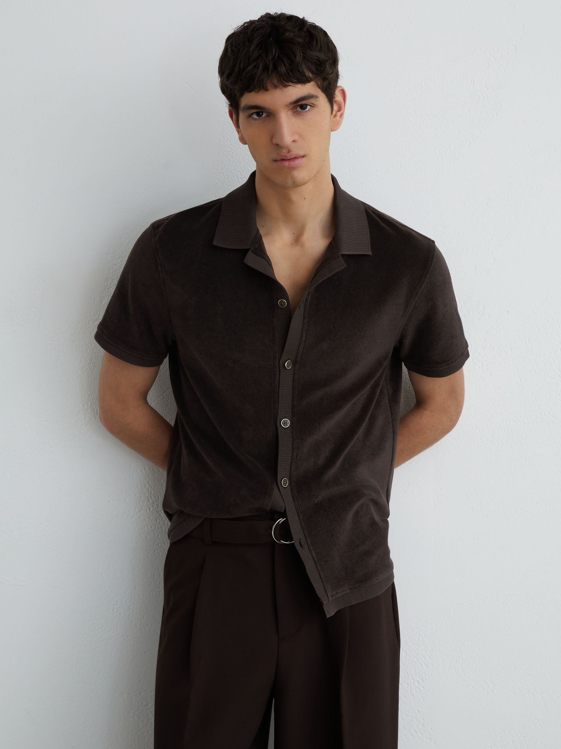 Towelling Short-Sleeve Shirt in Chocolate Brown - Image 1 of 6