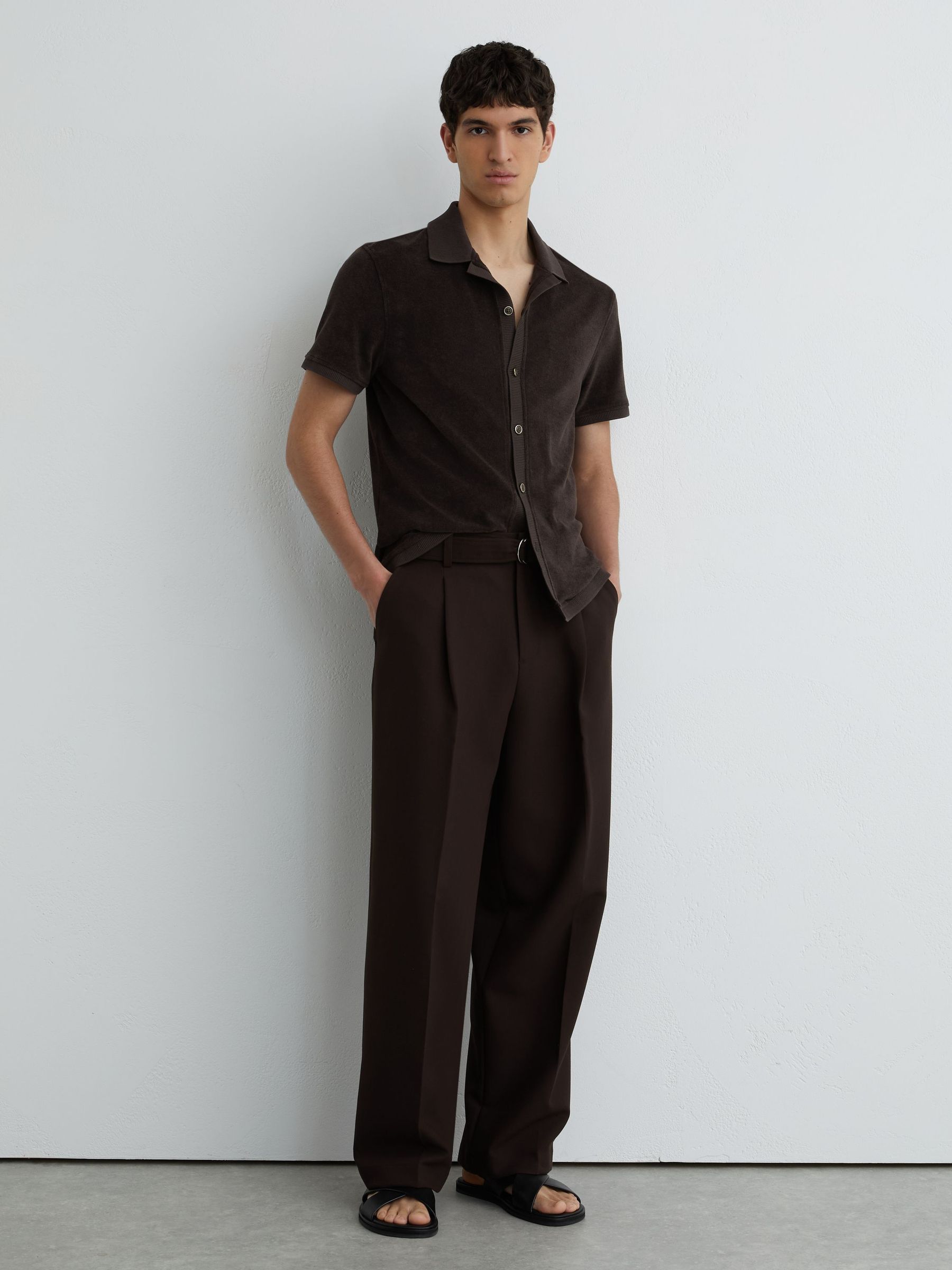 Towelling Short-Sleeve Shirt in Chocolate Brown - Image 4 of 6