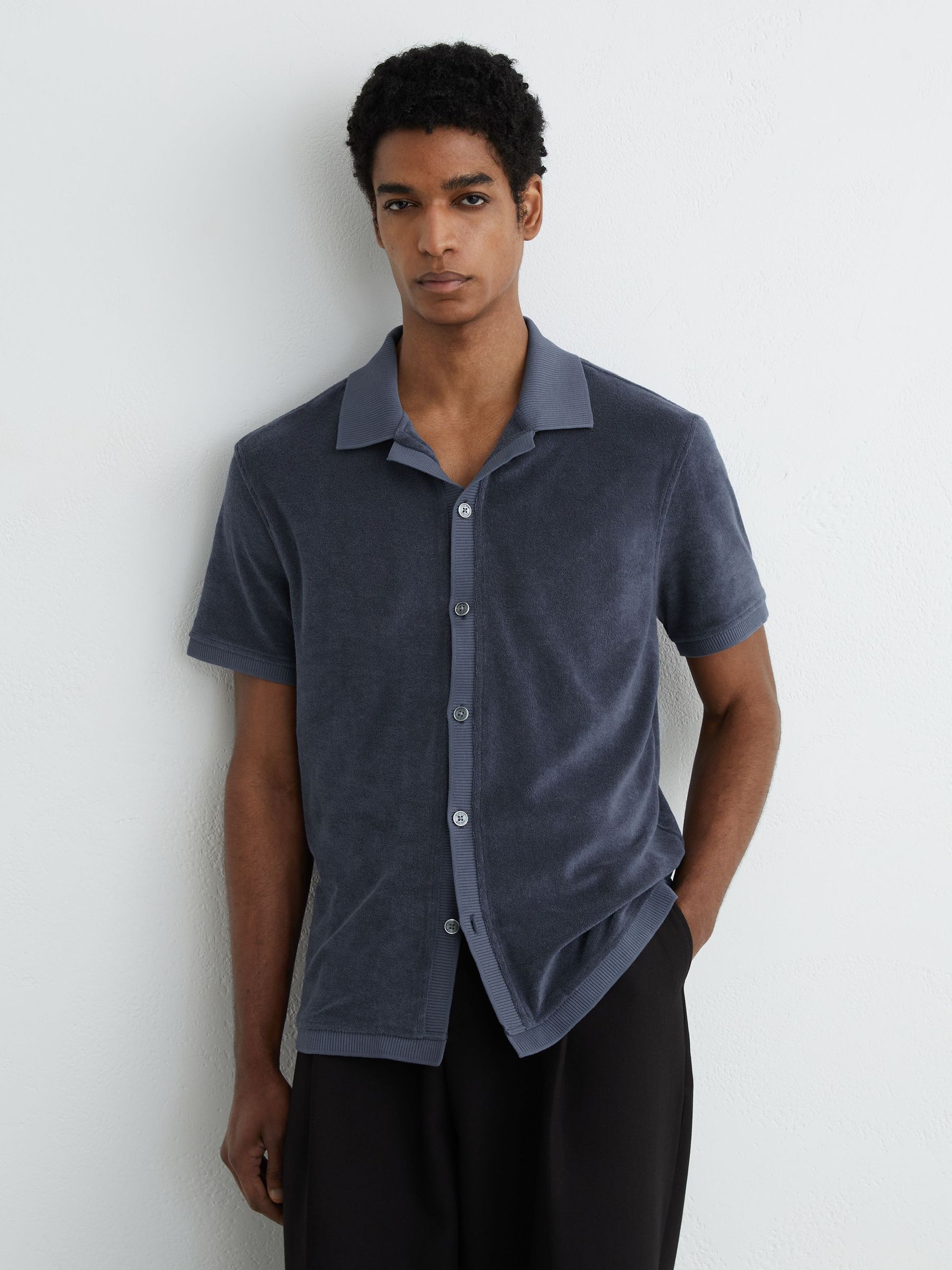 Towelling Short-Sleeve Shirt in Airforce Blue - Image 1 of 6