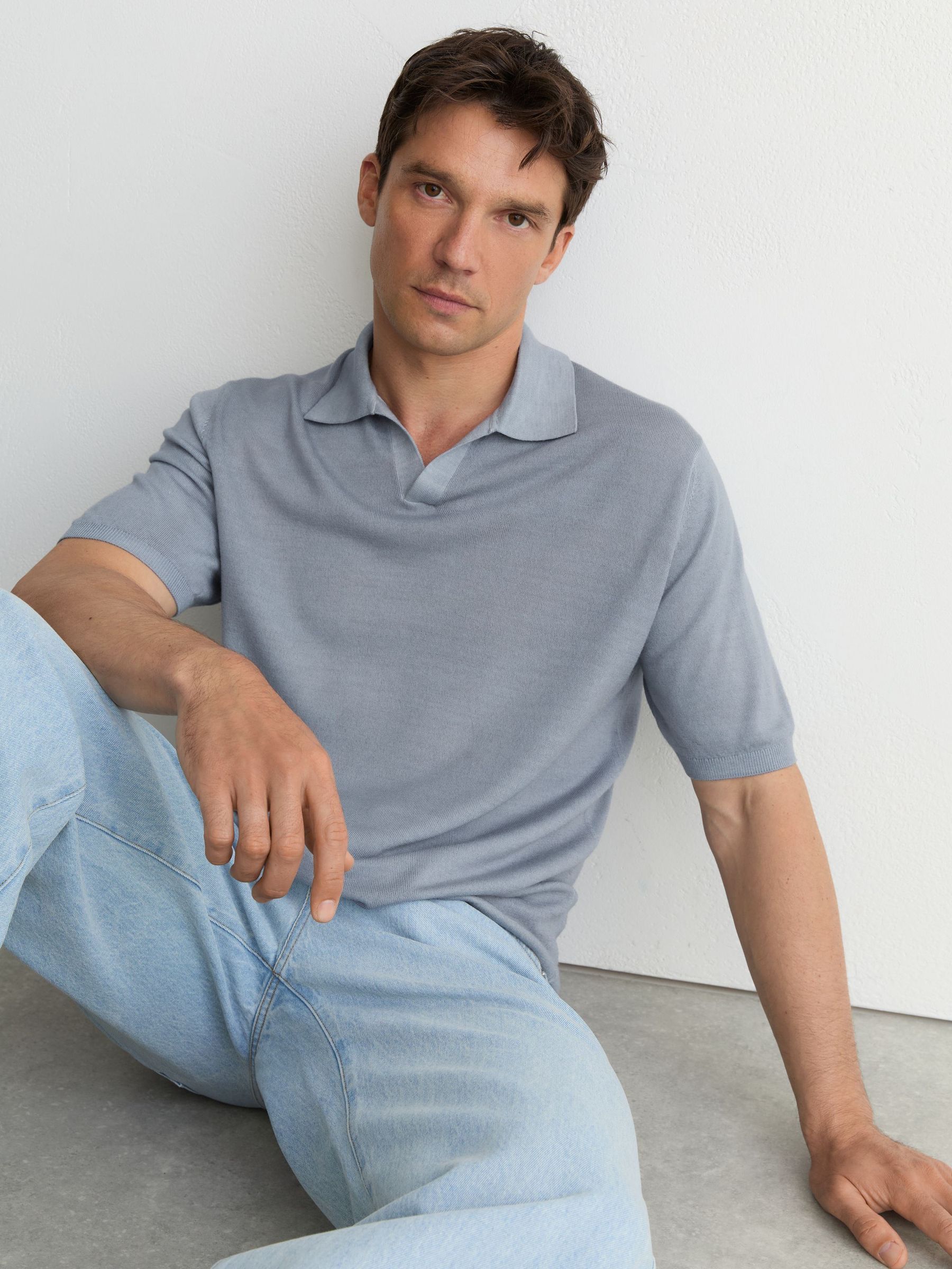 Pigment-Dyed Merino Wool Open-Collar Polo Shirt in Soft Blue - Image 1 of 6