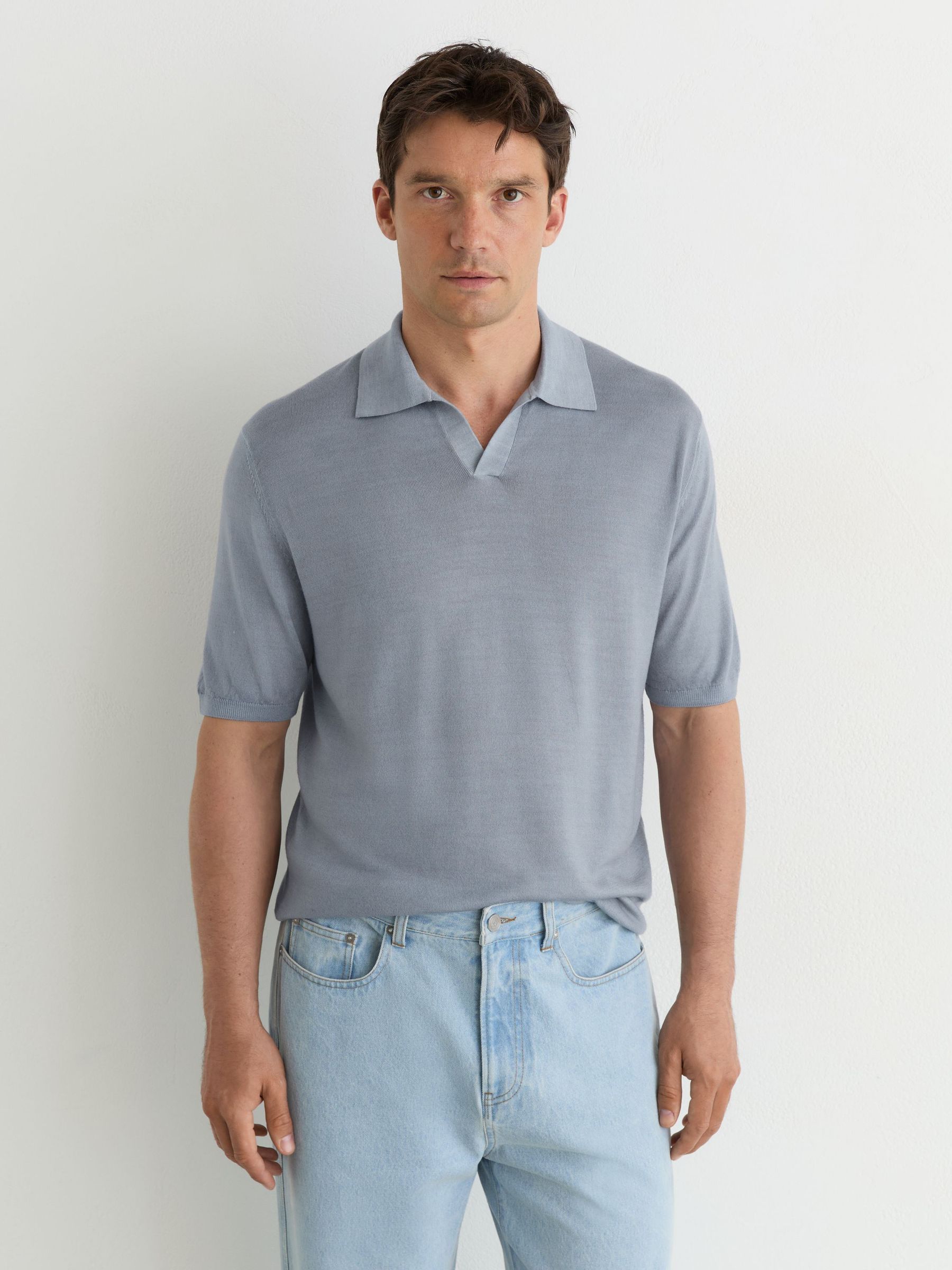 Pigment-Dyed Merino Wool Open-Collar Polo Shirt in Soft Blue - Image 3 of 6