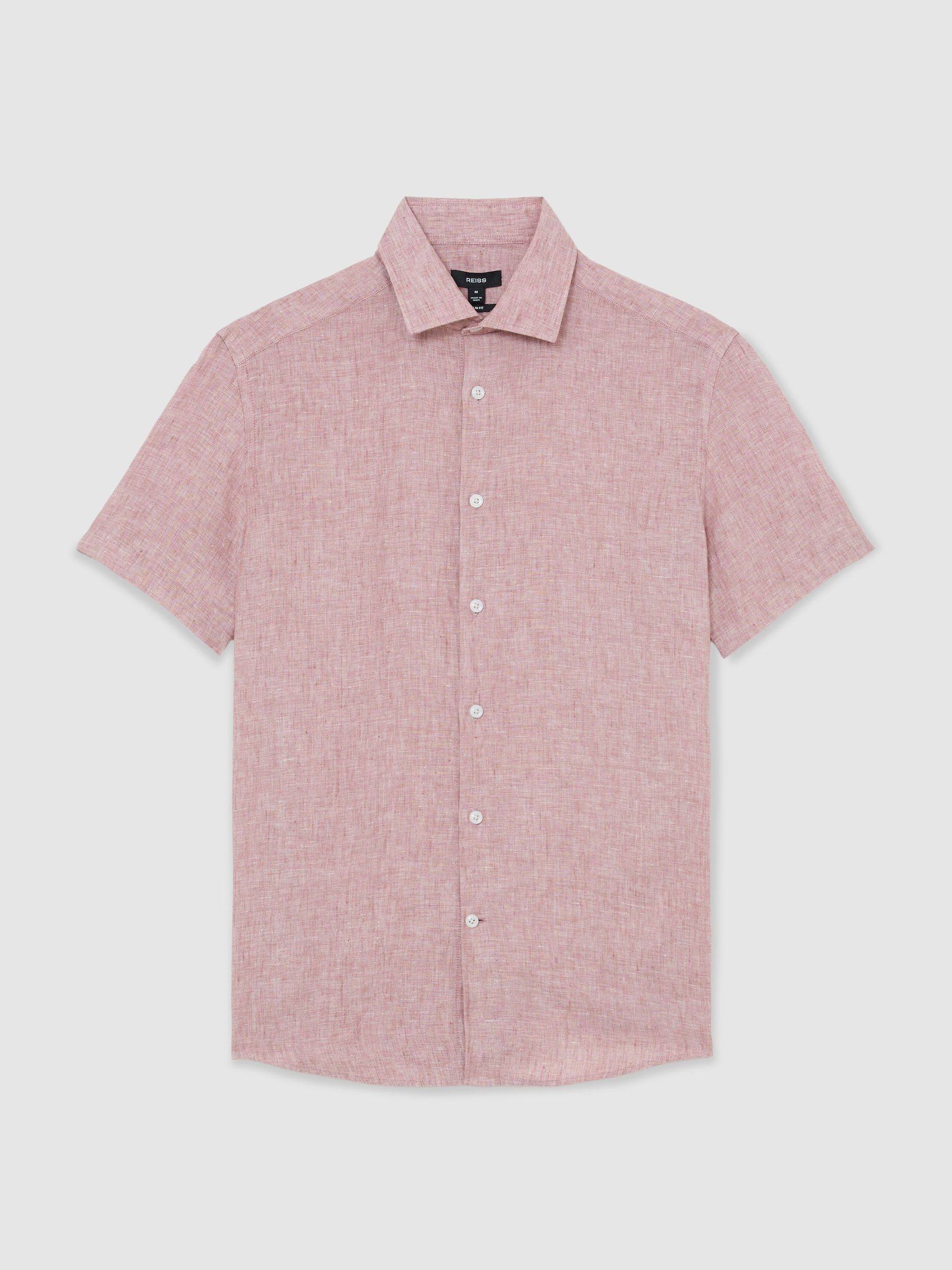 Slim Fit Linen Button-Through Shirt in Raspberry Pink Melange - image 1