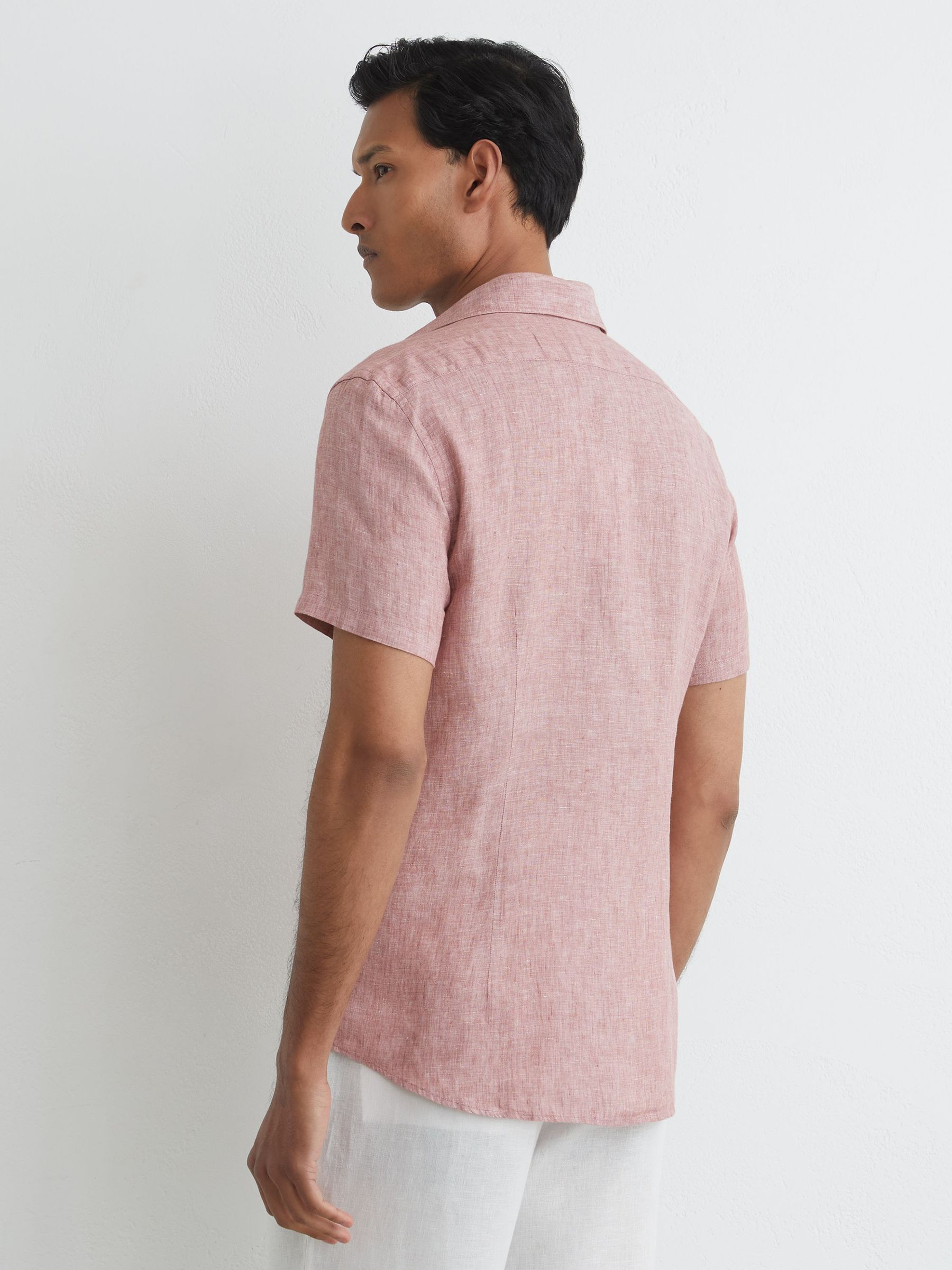 Slim Fit Linen Button-Through Shirt in Raspberry Pink Melange - image 5
